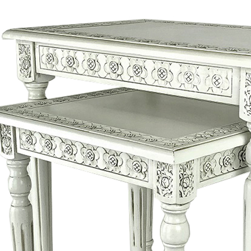 Elegantly Engraved Wooden Frame Nesting Table, Set Of 2, Antique White- Saltoro Sherpi