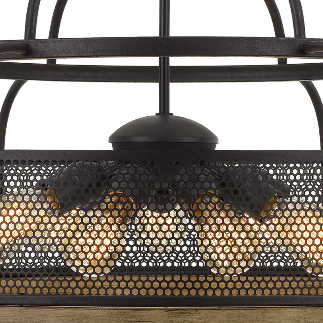 9 Bulb Chandelier With Wooden And Perforated Metal Frame, Black And Brown- Saltoro Sherpi