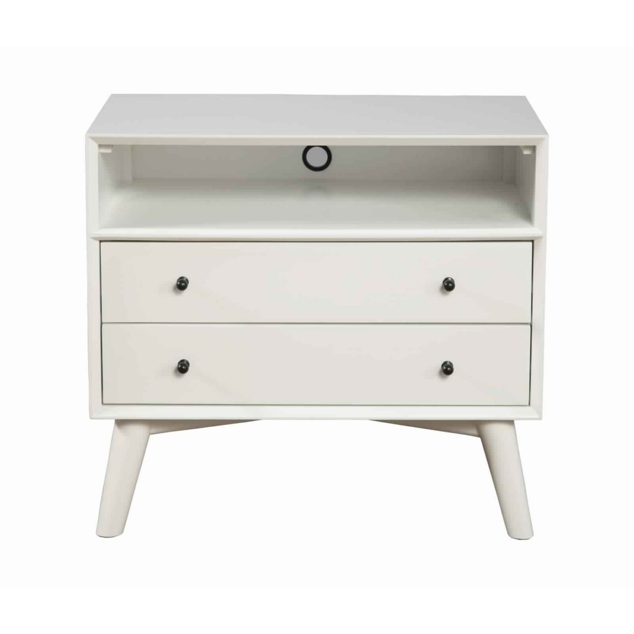 2 Drawer Wooden Nightstand With Open Compartment And Splayed Legs, White- Saltoro Sherpi