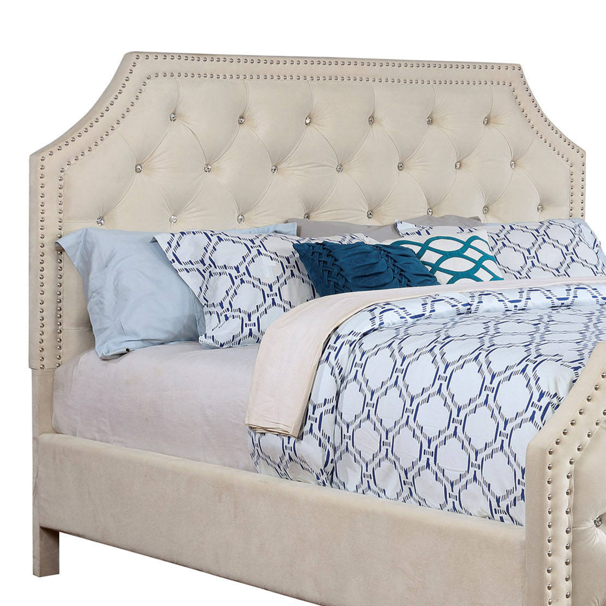 Button Tufted Fabric Upholstered Queen Bed With Corner Cut Design, Beige- Saltoro Sherpi