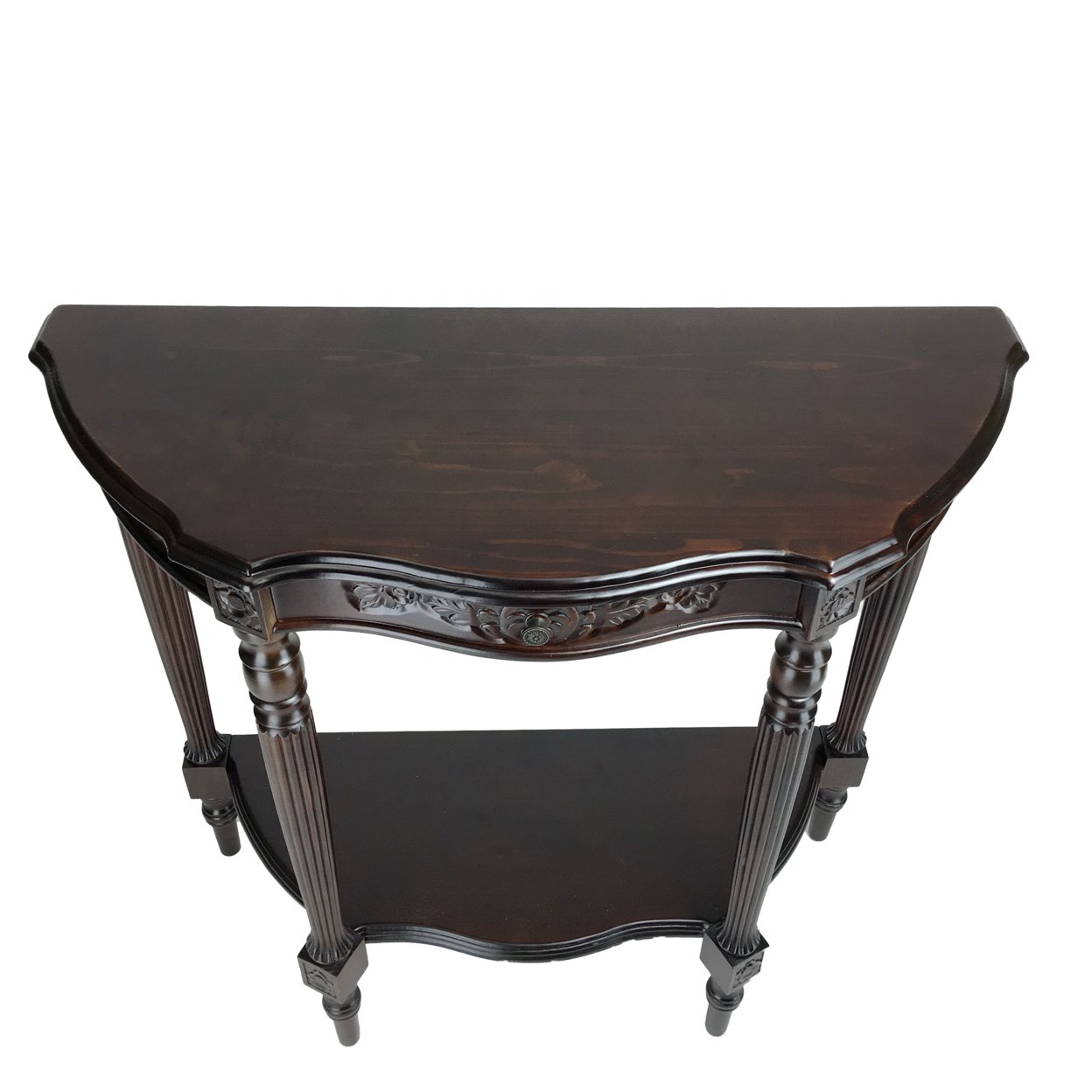 Half Crescent Moon Shape Engraved Wooden Console Table With 1 Drawer,Brown- Saltoro Sherpi