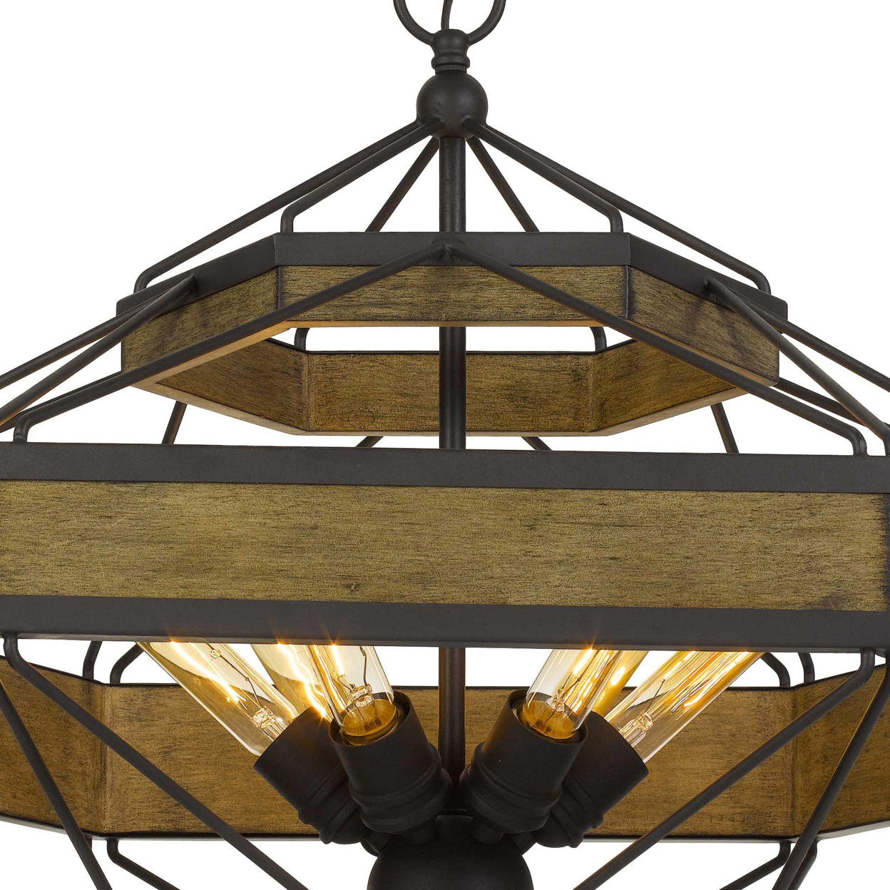 6 Bulb Chandelier With Hexagonal Metal And Wooden Frame, Brown And Bronze- Saltoro Sherpi