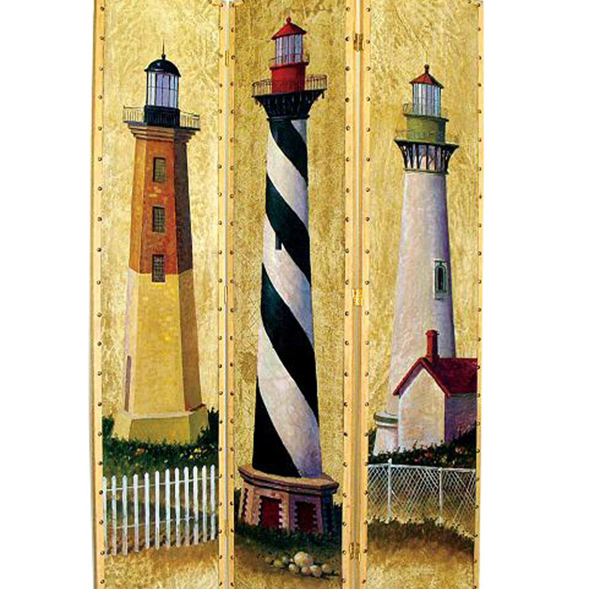 Hand Painted 3 Panel Wooden Room Divider With Lighthouses Print, Multicolor- Saltoro Sherpi