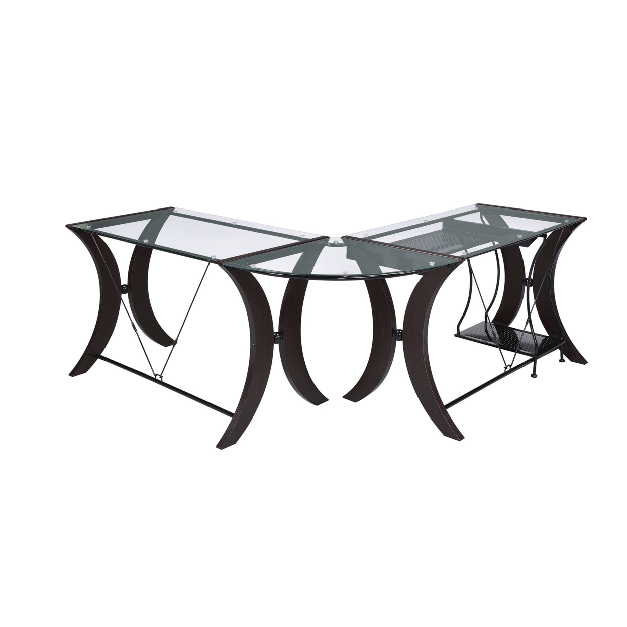 Sophisticated 3 Piece Desk Set With Glass Top, Clear And Brown- Saltoro Sherpi