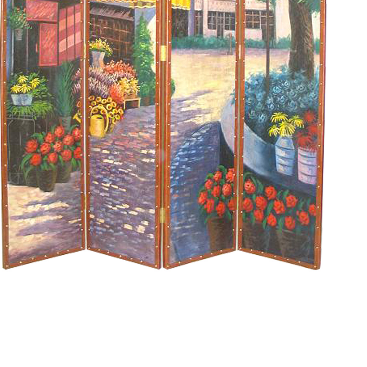 Leatherette Wooden 4 Panel Room Divider With Flower Market Theme,Multicolor- Saltoro Sherpi
