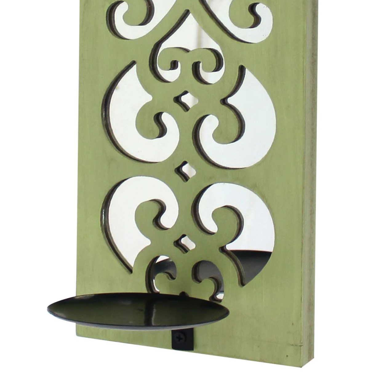 Quatrefoil Pattern Wooden Candle Holder With Mirror Insert, Green- Saltoro Sherpi