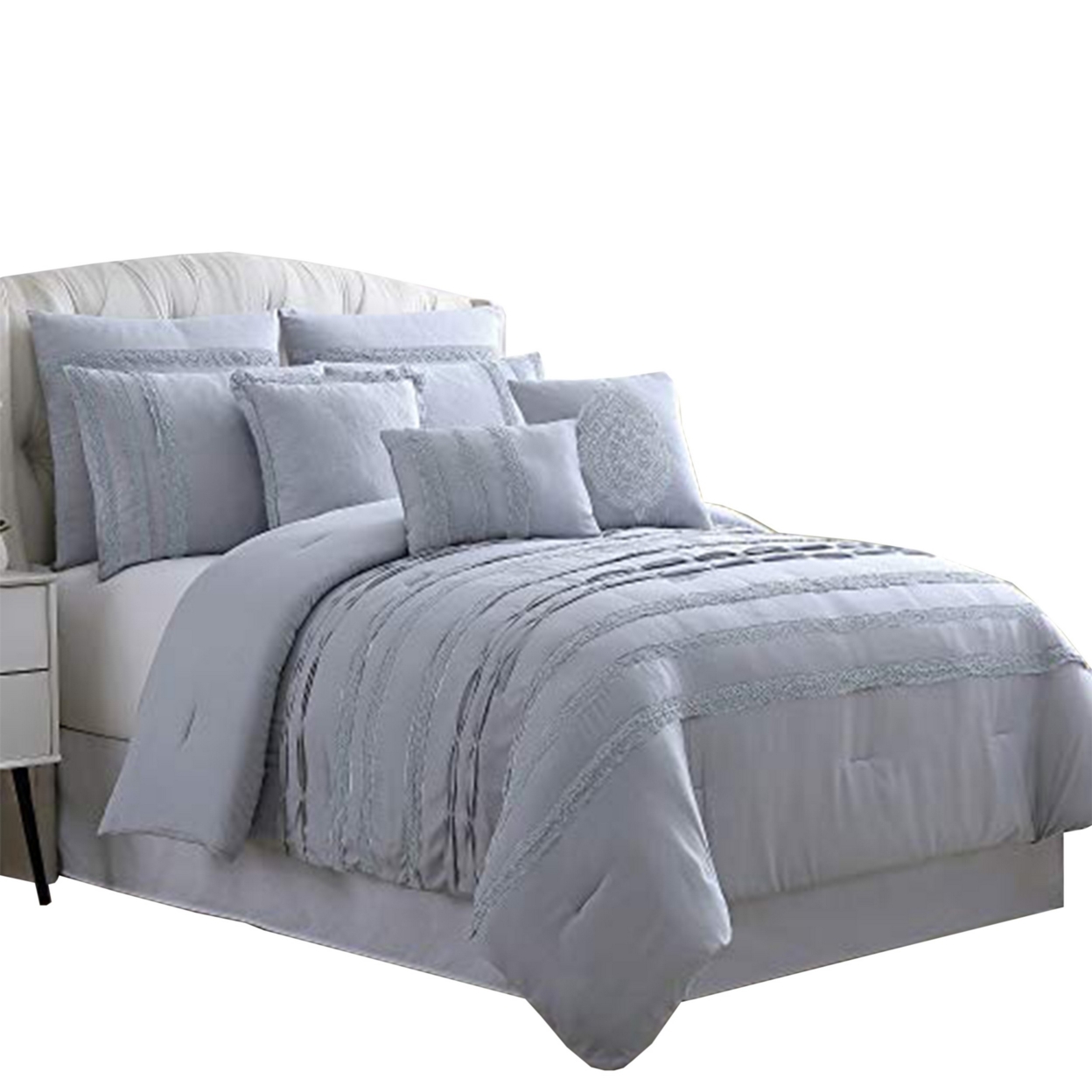 Assisi 8 Piece Queen Comforter Set With Reverse Pleats And Lace The Urban Port, Gray- Saltoro Sherpi
