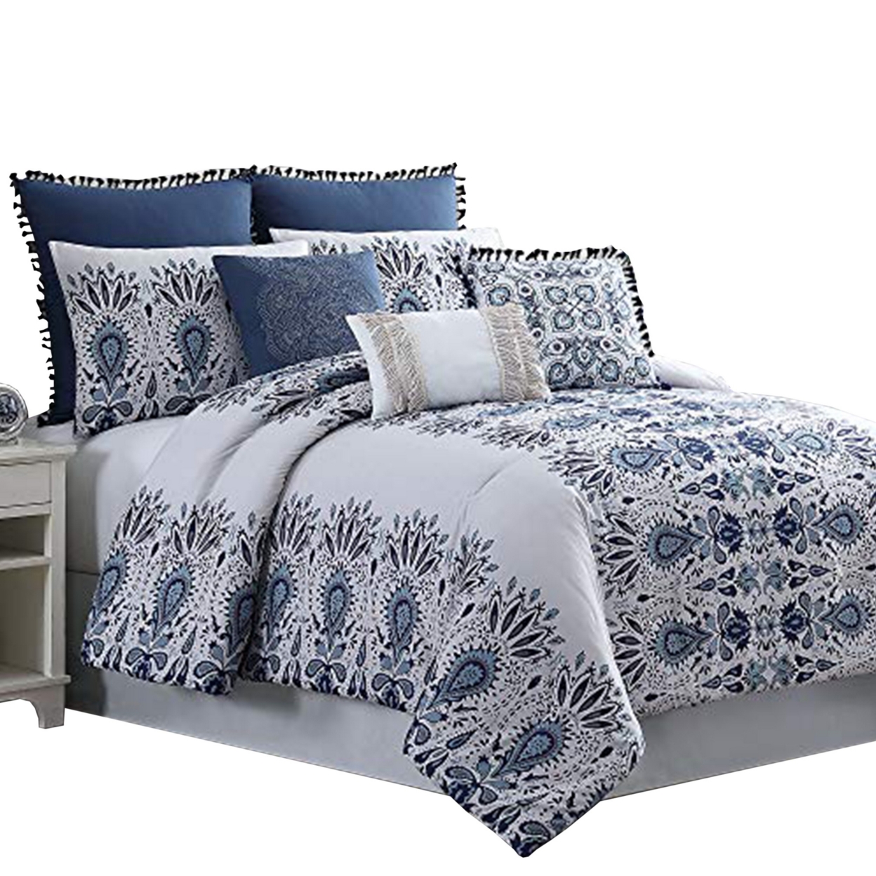 Constanta 8 Piece Queen Comforter Set With Floral Print The Urban Port,Blue And White- Saltoro Sherpi