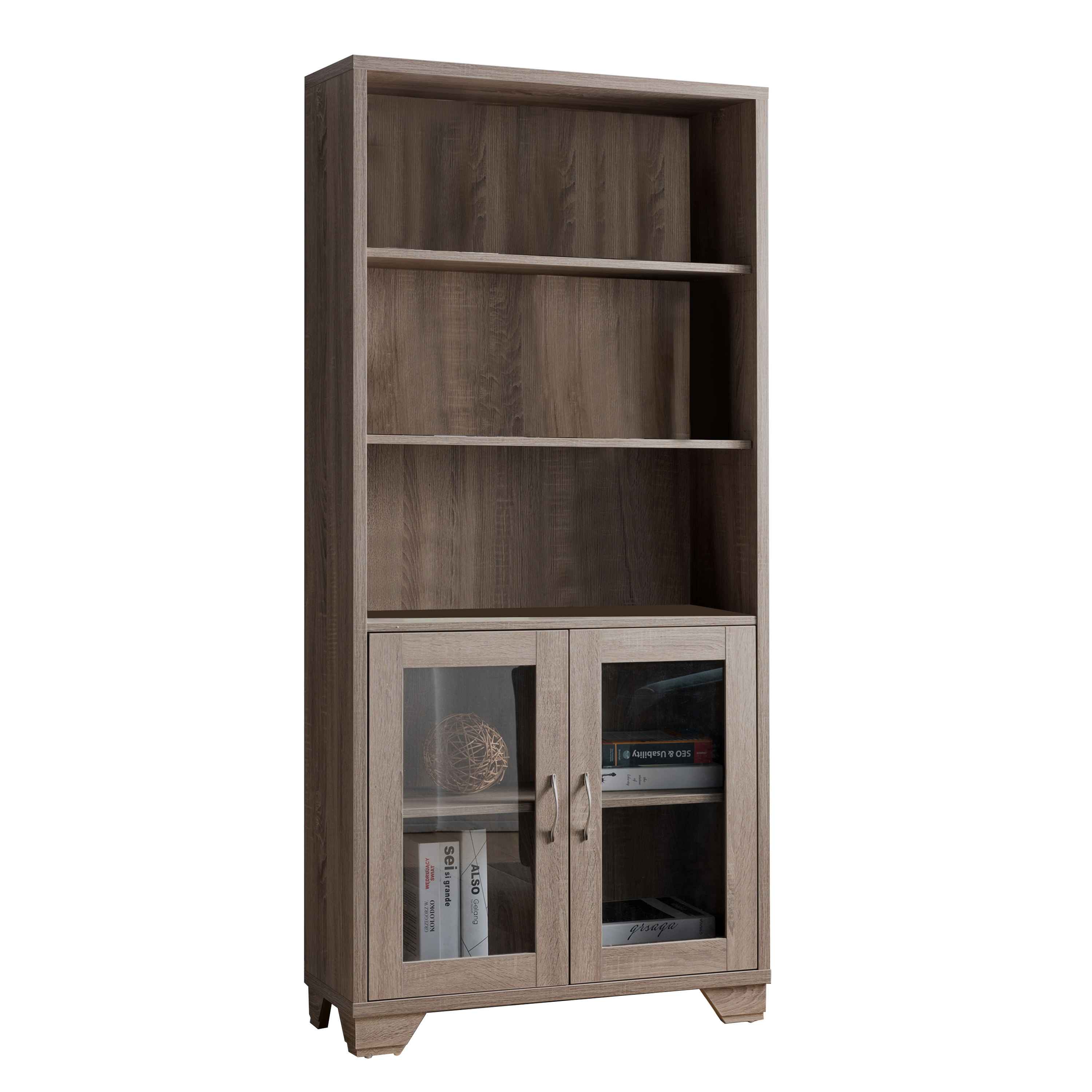 Wooden Book Cabinet With Three Display Shelves And Two Glass Doors, Taupe Brown- Saltoro Sherpi