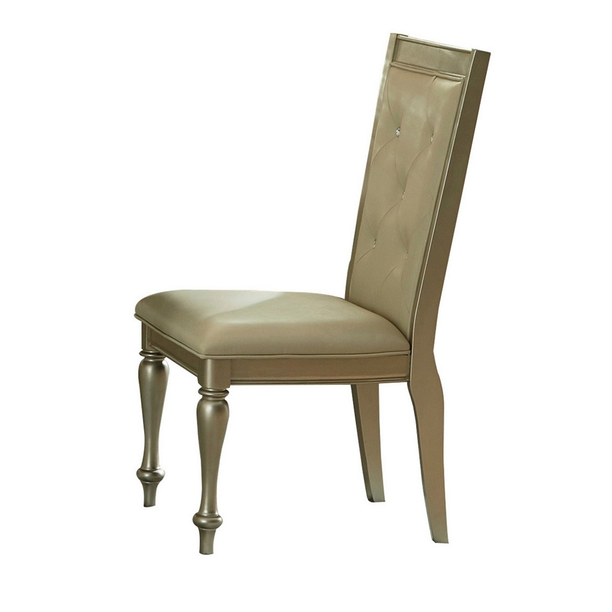 Wooden Side Chair With Crystal Tufted Leatherette Backrest, Gold- Saltoro Sherpi