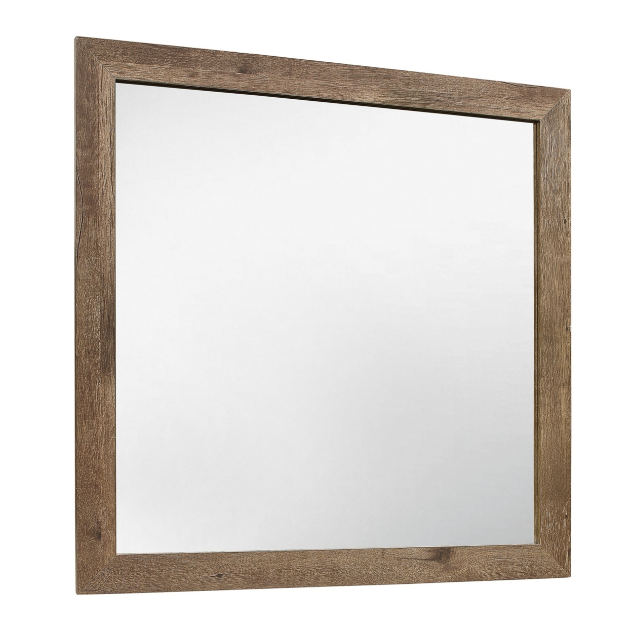 Square Wooden Frame Mirror With Rough Hewn Saw Texture, Brown And Silver- Saltoro Sherpi