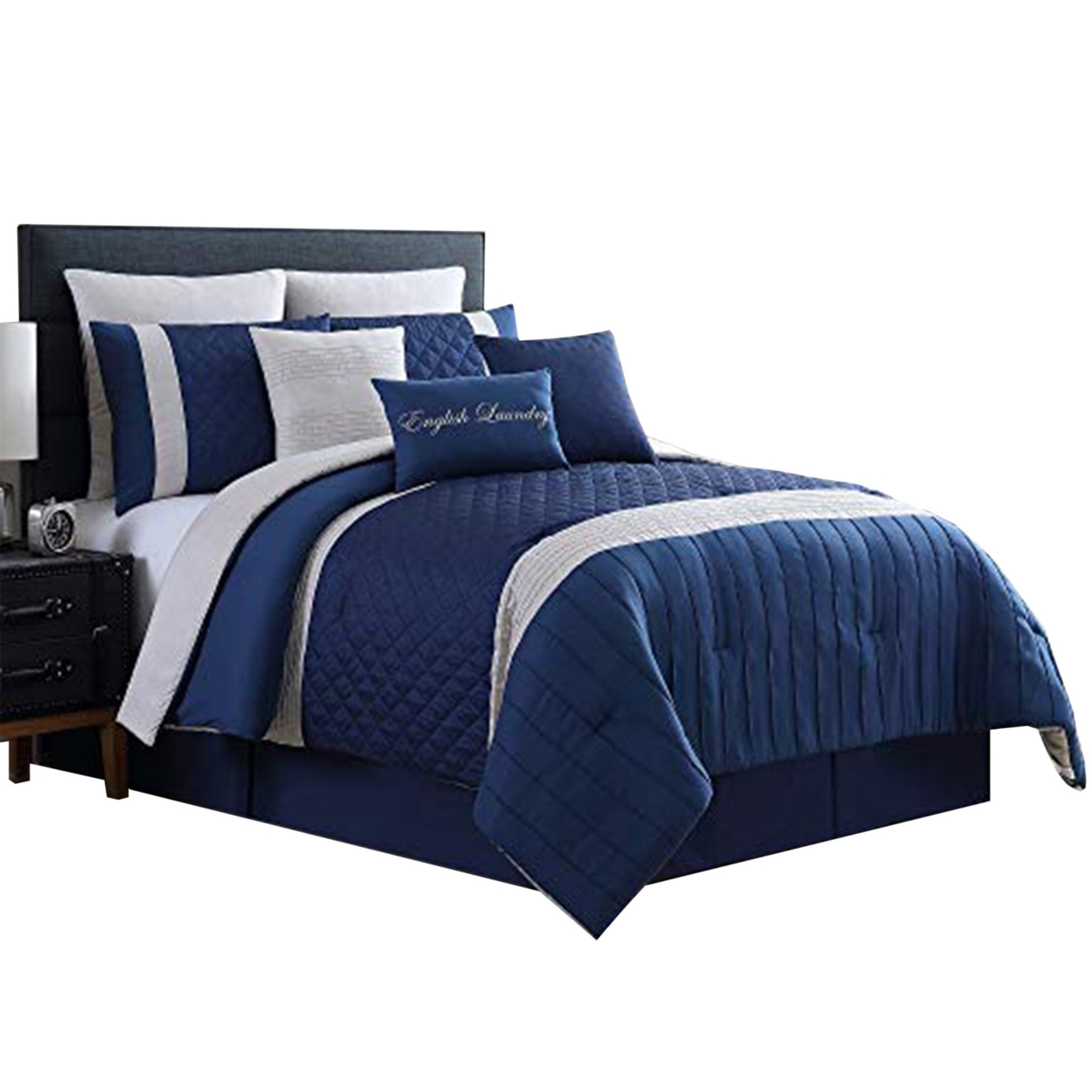 Basel Pleated Queen Comforter Set With Diamond Pattern The Urban Port, Blue And White- Saltoro Sherpi