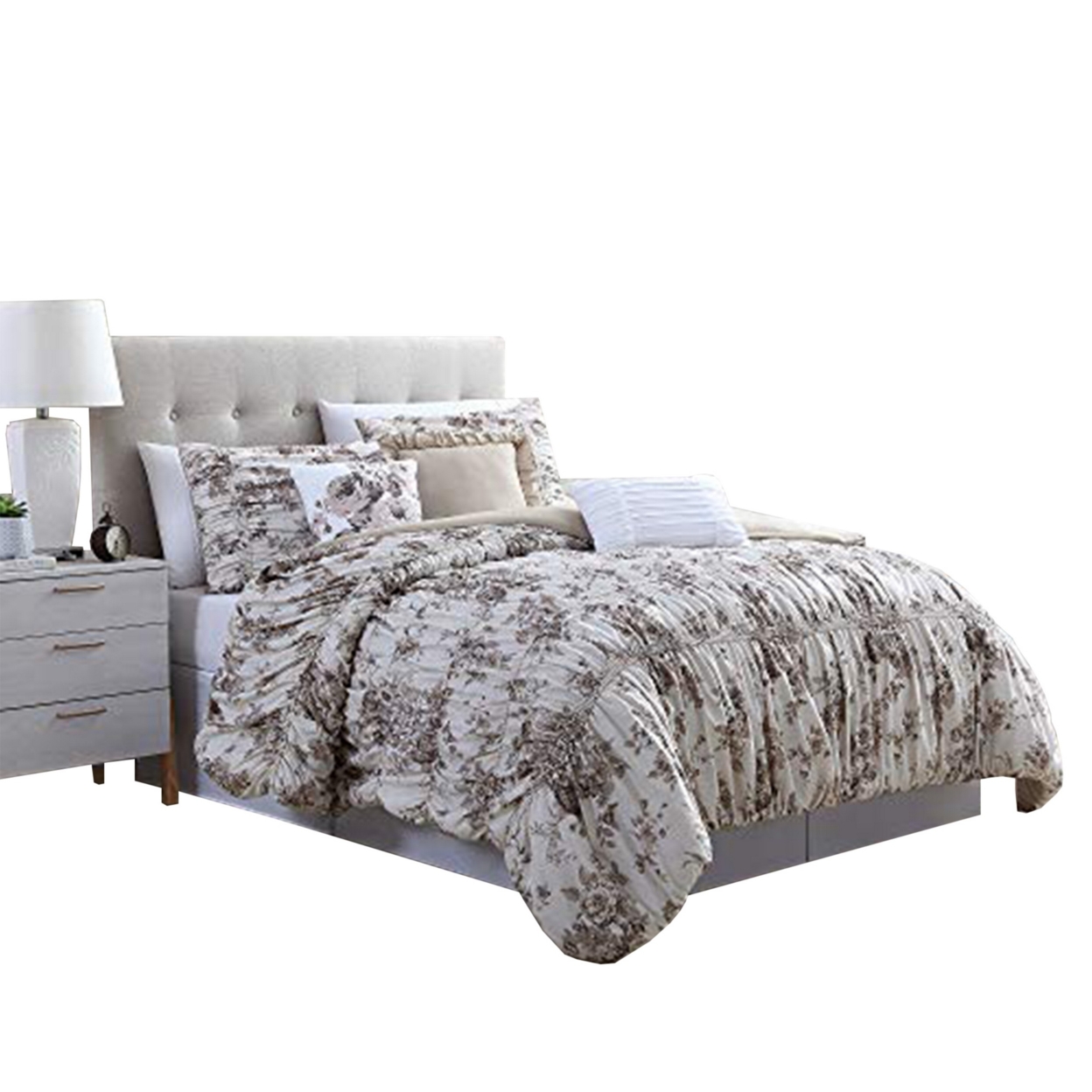 Lyon 6 Piece Floral Queen Comforter Set With Shirring The Urban Port, Beige And Brown- Saltoro Sherpi