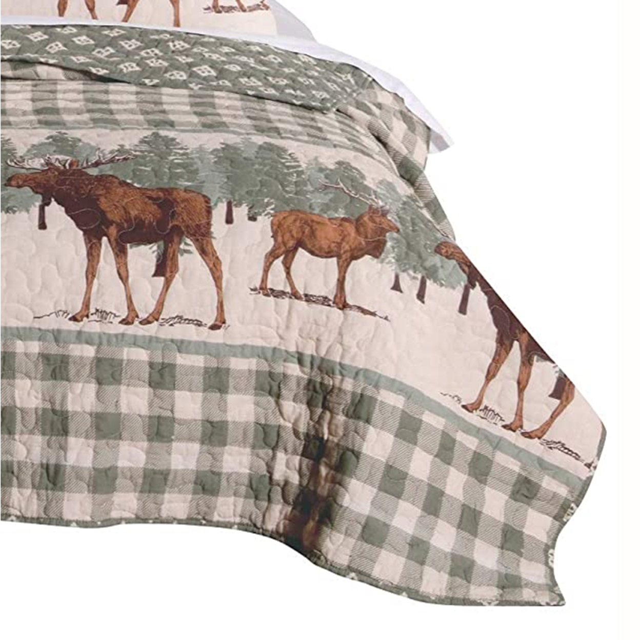 2 Piece Twin Quilt Set, Animal Print, Plaid Pattern, Green And Brown- Saltoro Sherpi