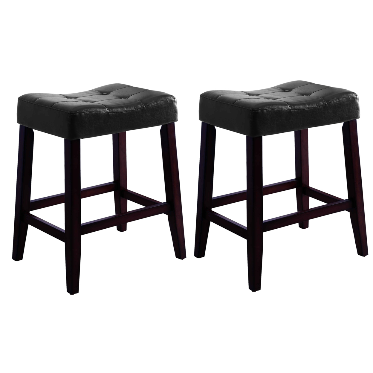 Wooden Stools With Saddle Seat And Button Tufts, Set Of 2, Black And Brown- Saltoro Sherpi