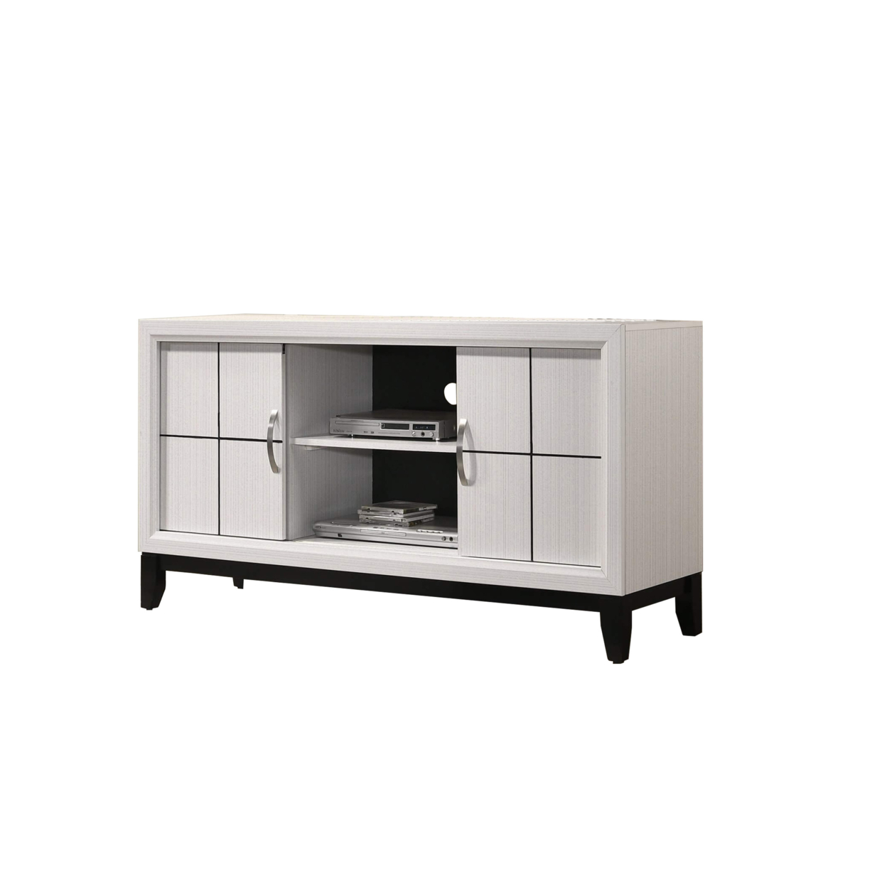 Wooden TV Stand With 2 Drawers And 2 Open Compartments, White And Black- Saltoro Sherpi
