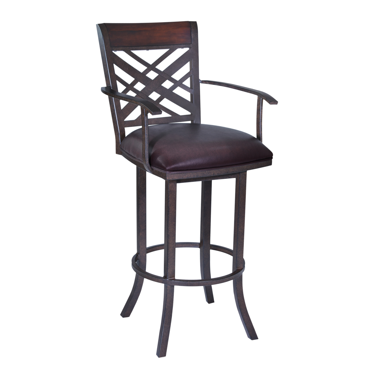 30 Inch Metal Swivel Bar Stool With Armrests And Leatherette Seat, Brown- Saltoro Sherpi