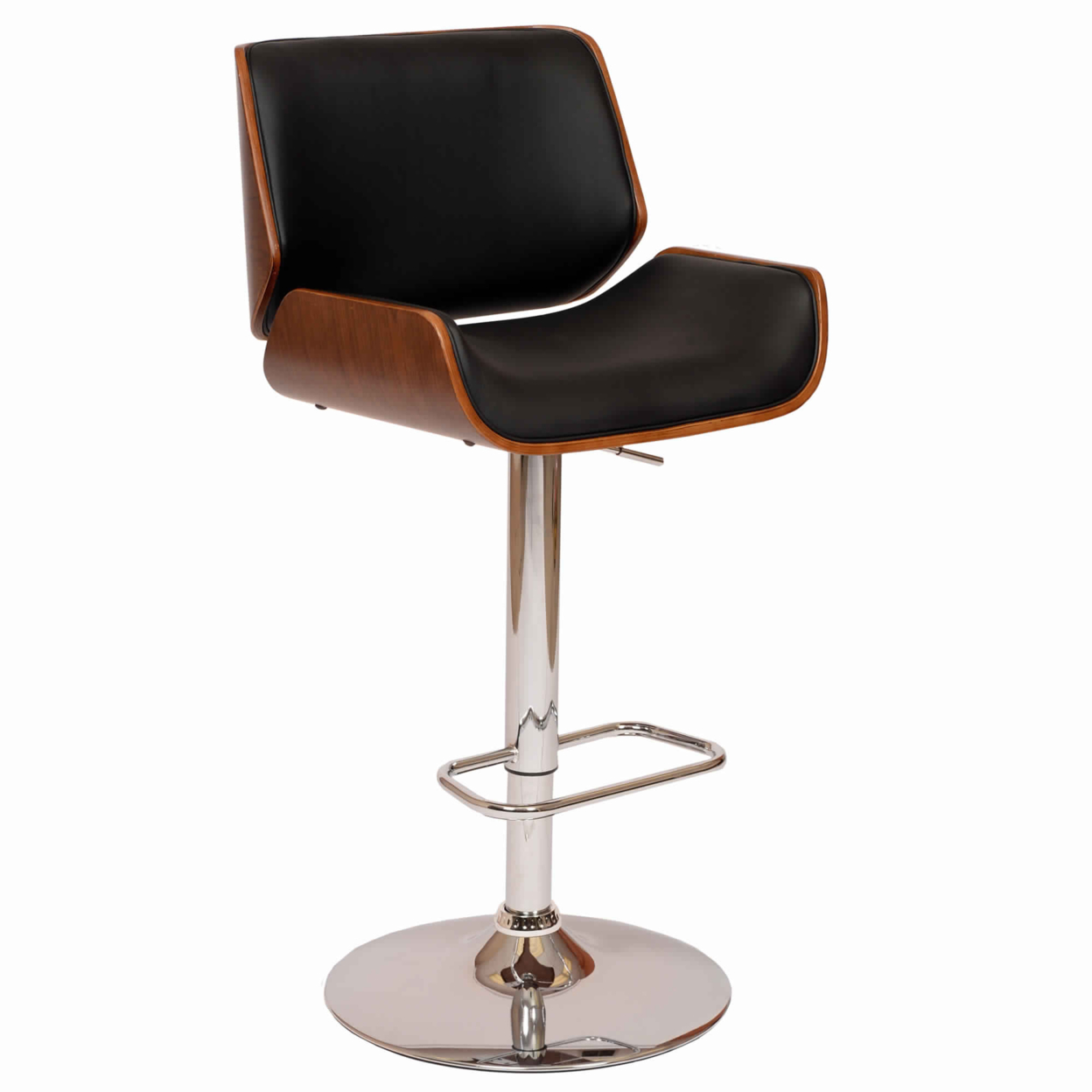 Curved Design Swivel Faux Leather Barstool With Wooden Support, Black- Saltoro Sherpi