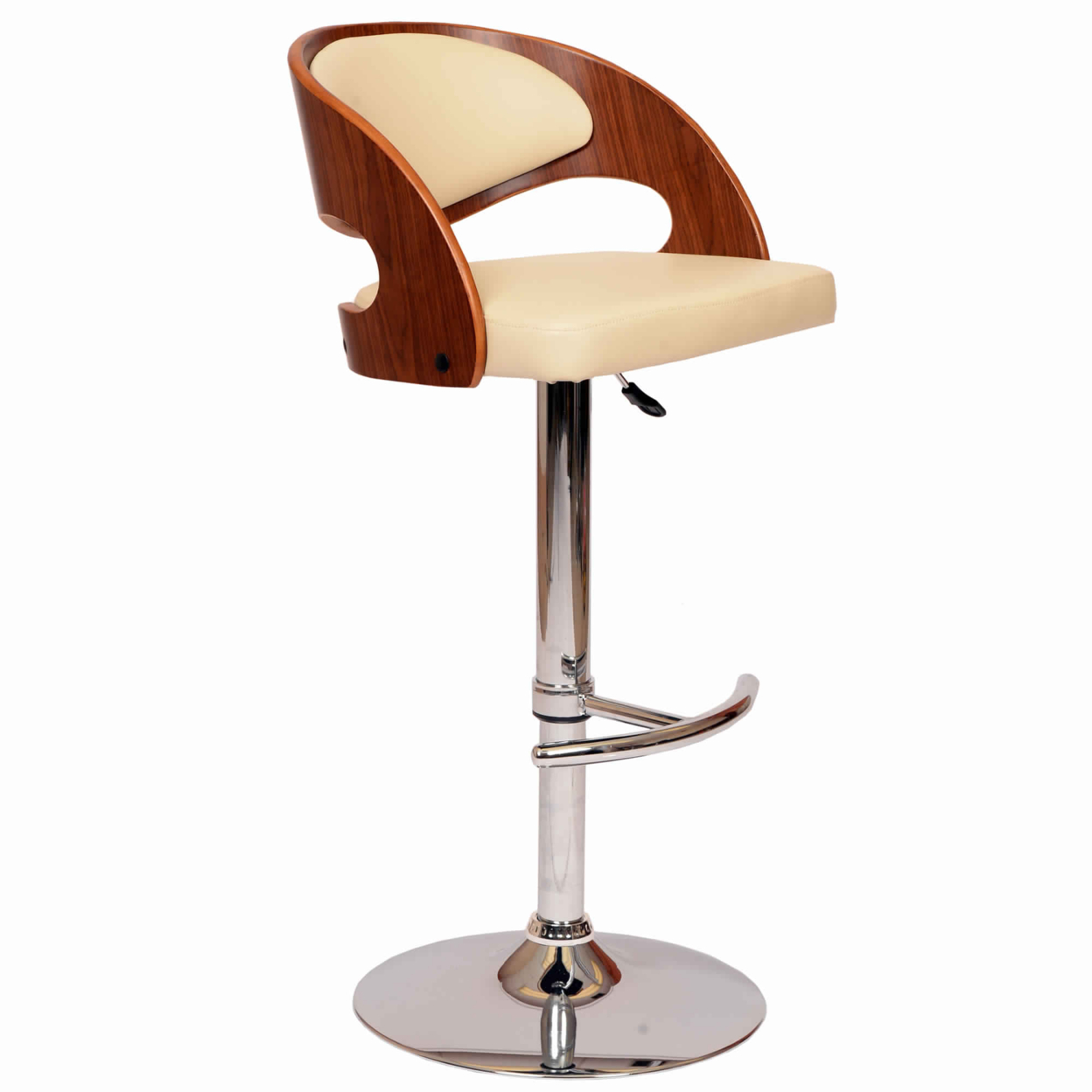 Wooden Open Back Barstool With Adjustable Pedestal Base, Cream And Brown- Saltoro Sherpi