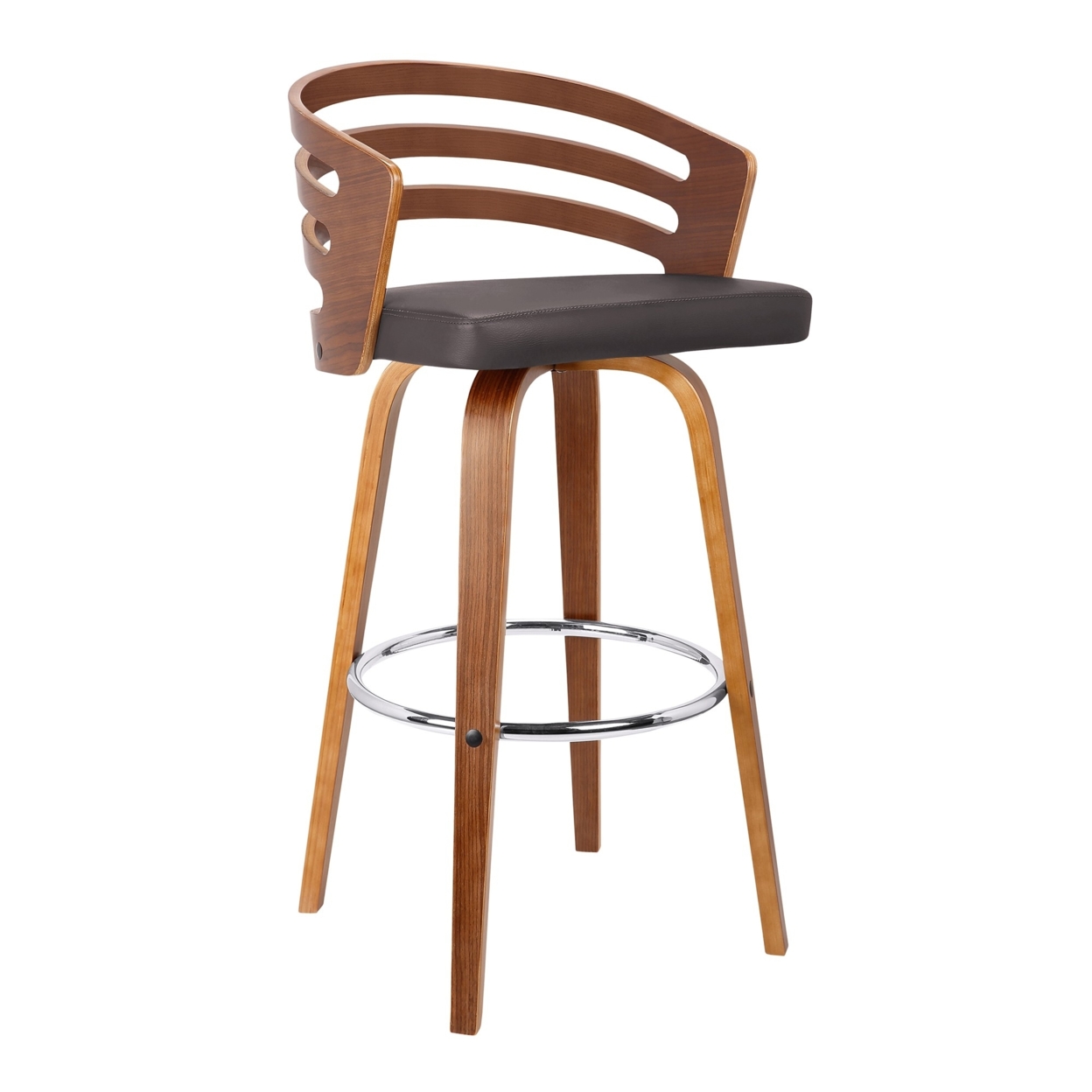 Leatherette Swivel Wooden Barstool With Curved Back, Brown- Saltoro Sherpi