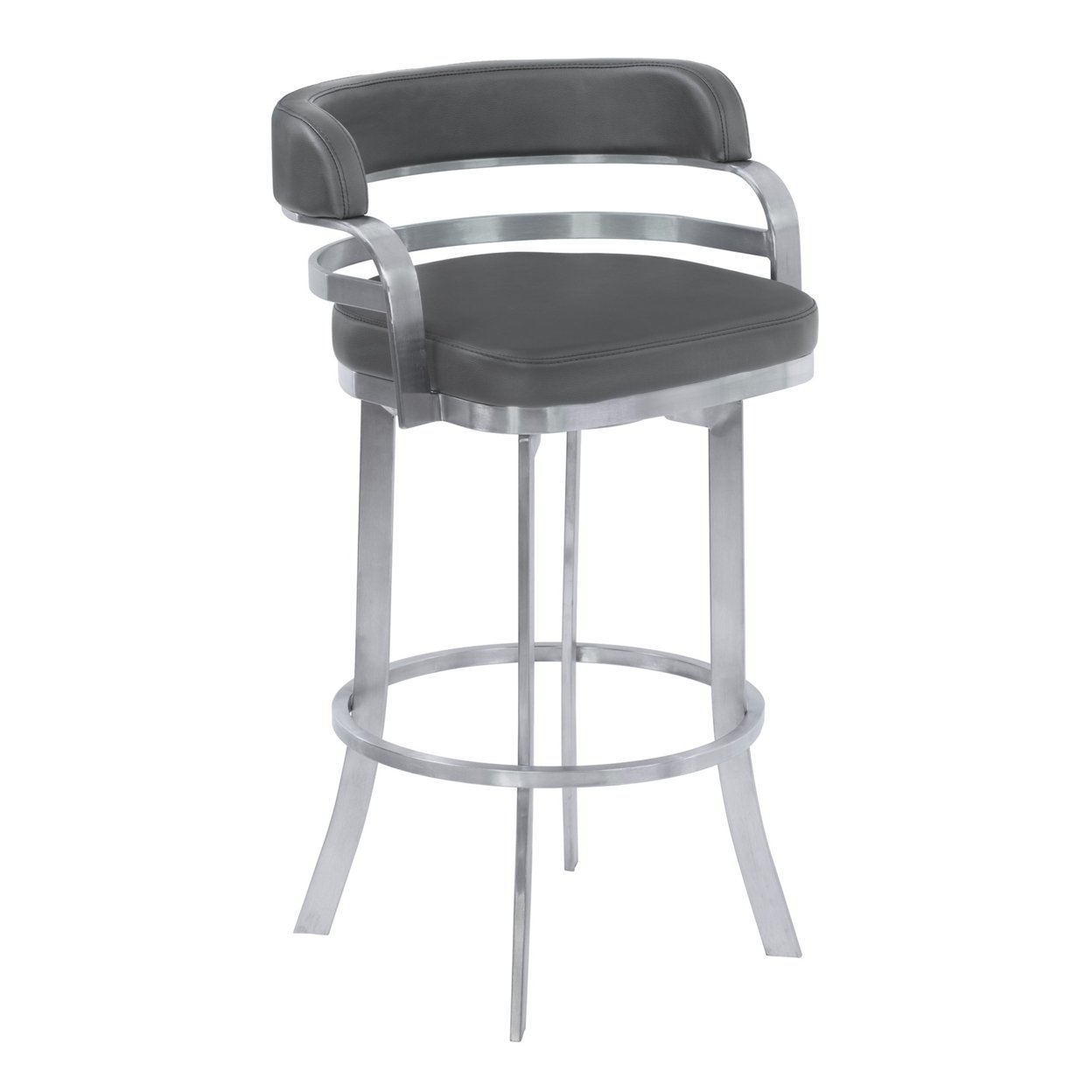 Metal Frame Barstool With Curved Leatherette Seating, Gray And Silver- Saltoro Sherpi