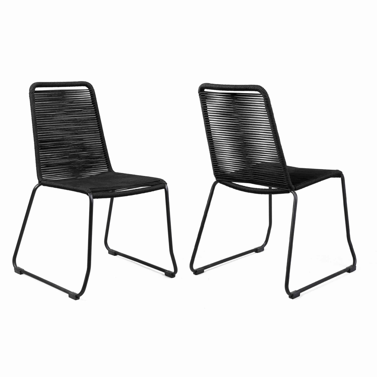 Metal Outdoor Dining Chair With Fishbone Weave, Set Of 2, Black- Saltoro Sherpi