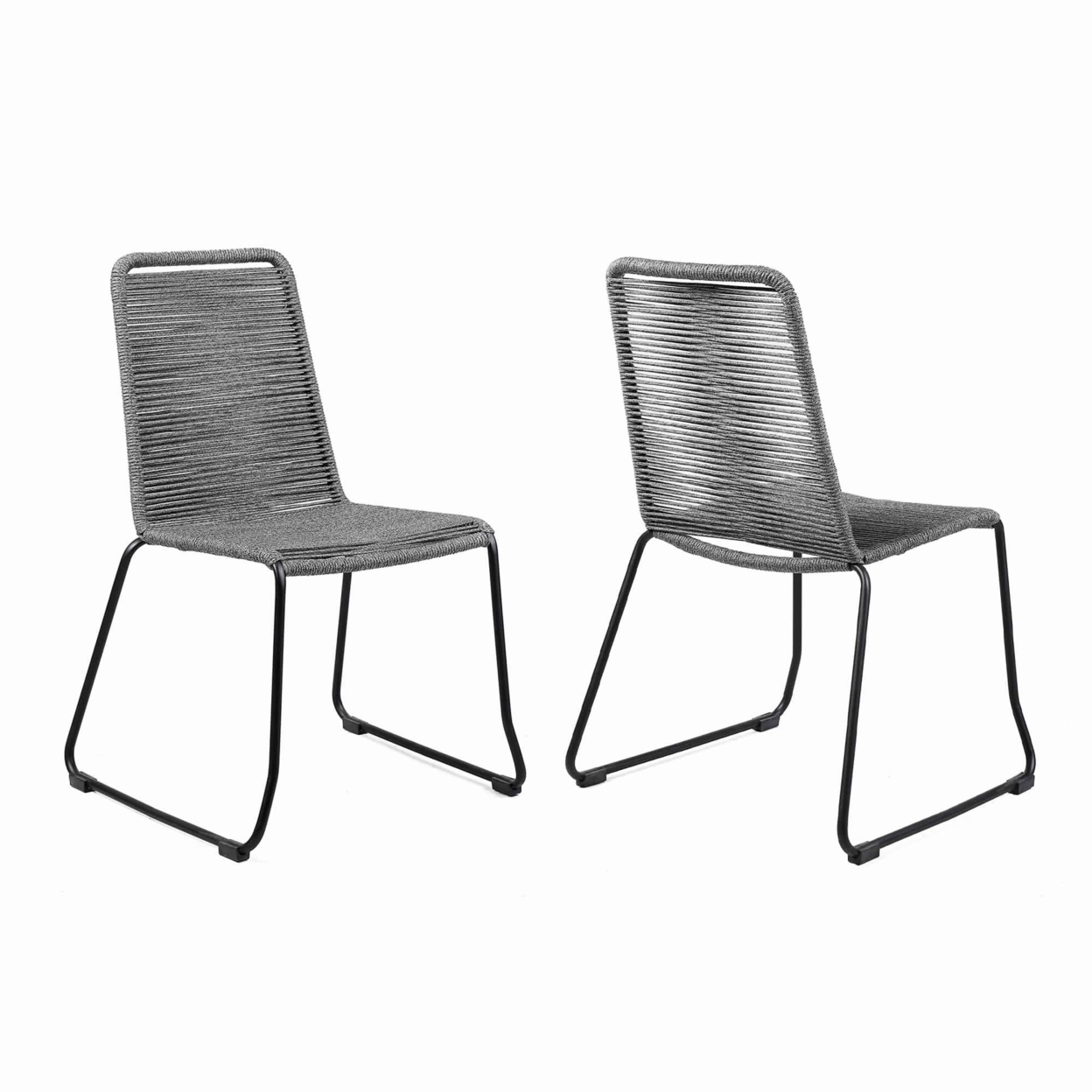 Metal Outdoor Dining Chair With Fishbone Weave, Set Of 2, Gray And Black- Saltoro Sherpi
