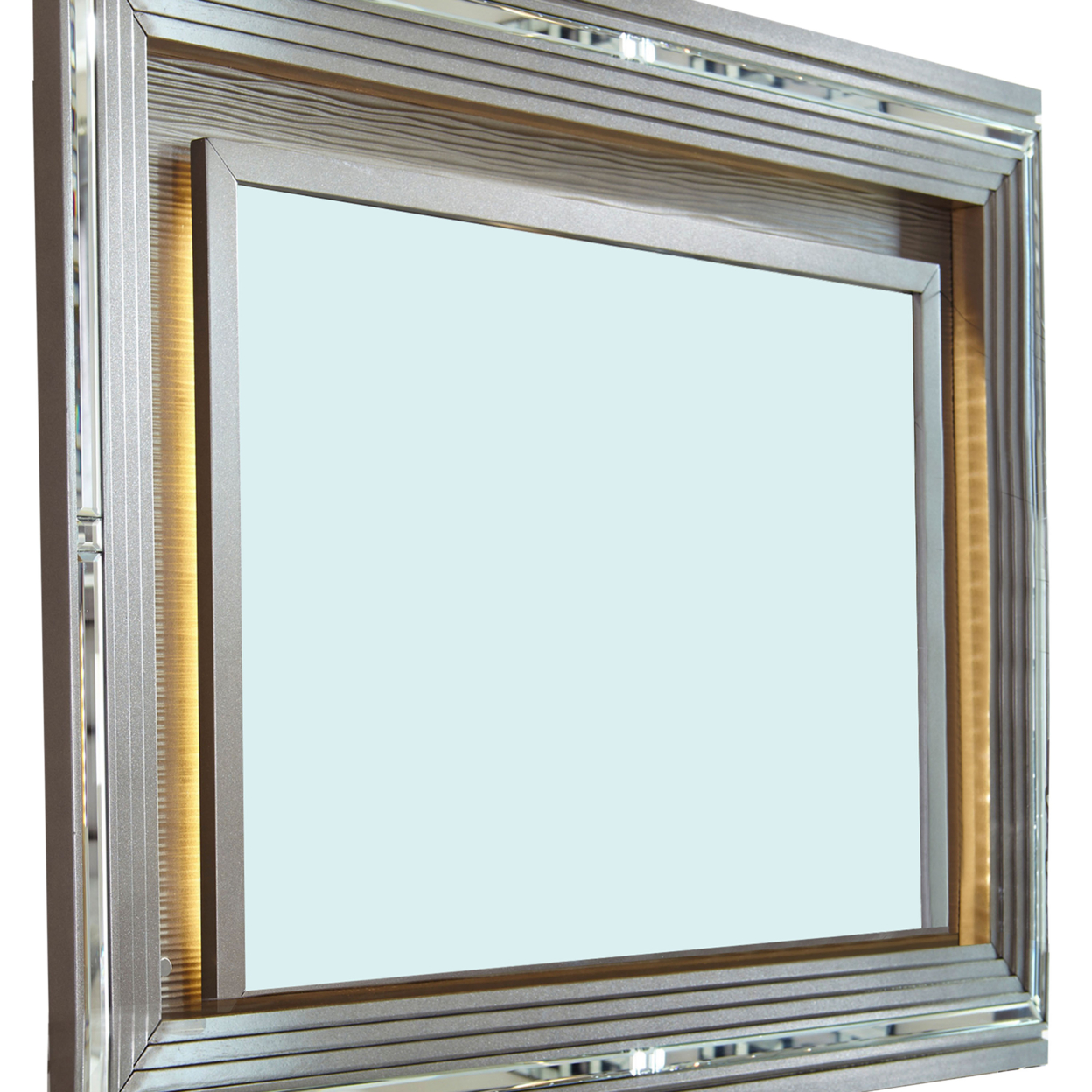 Wooden Frame Dresser Mirror With LED Light, Gray And Clear- Saltoro Sherpi