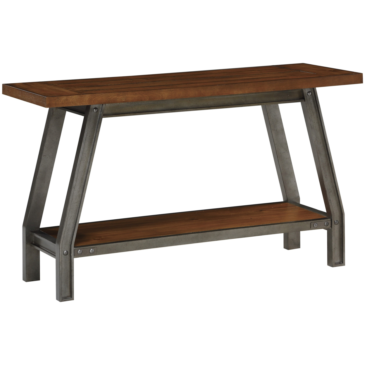 Wooden Top Sofa Table With Open Shelf And Rivet Accents, Brown And Gray- Saltoro Sherpi