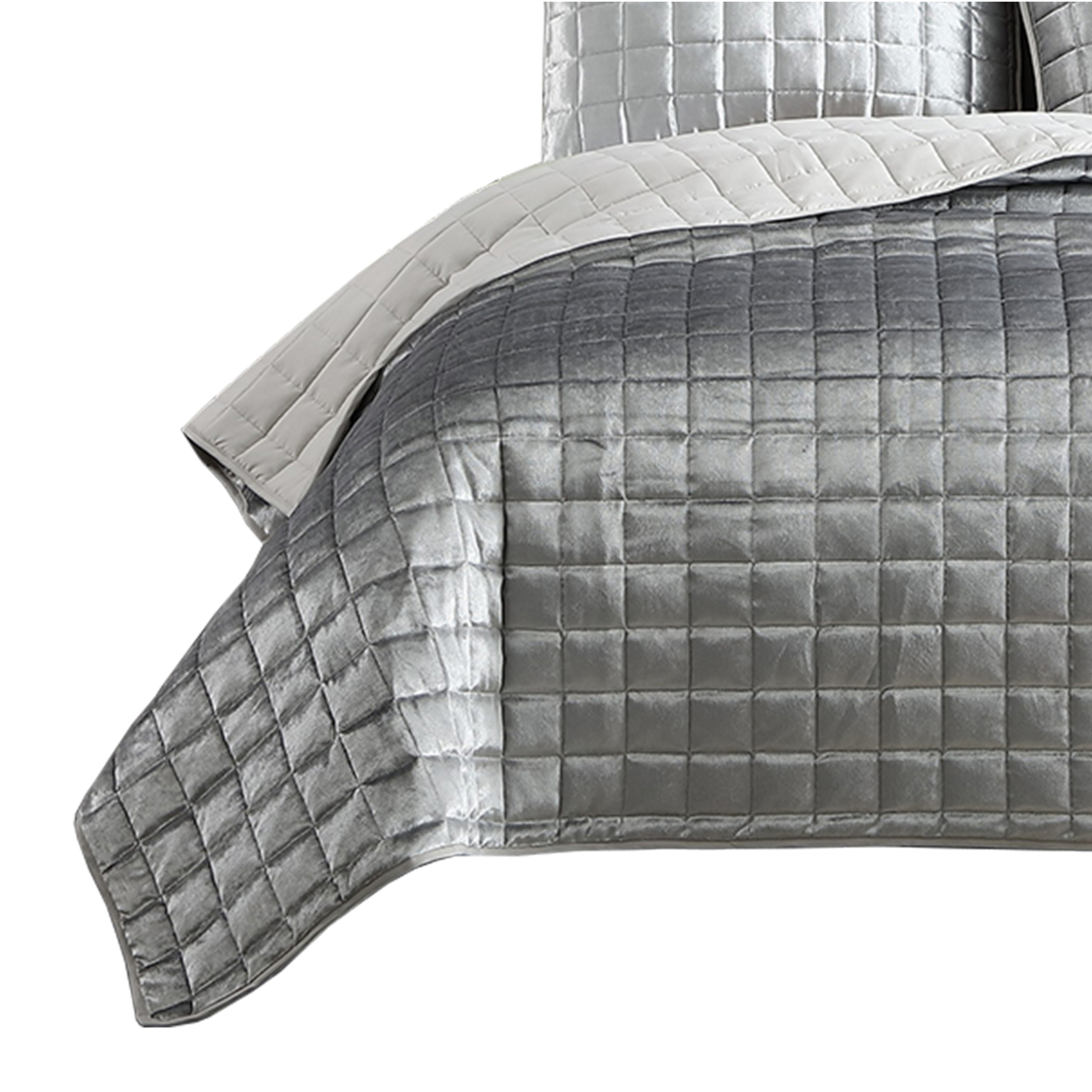 3 Piece Queen Size Coverlet Set With Stitched Square Pattern, Silver- Saltoro Sherpi