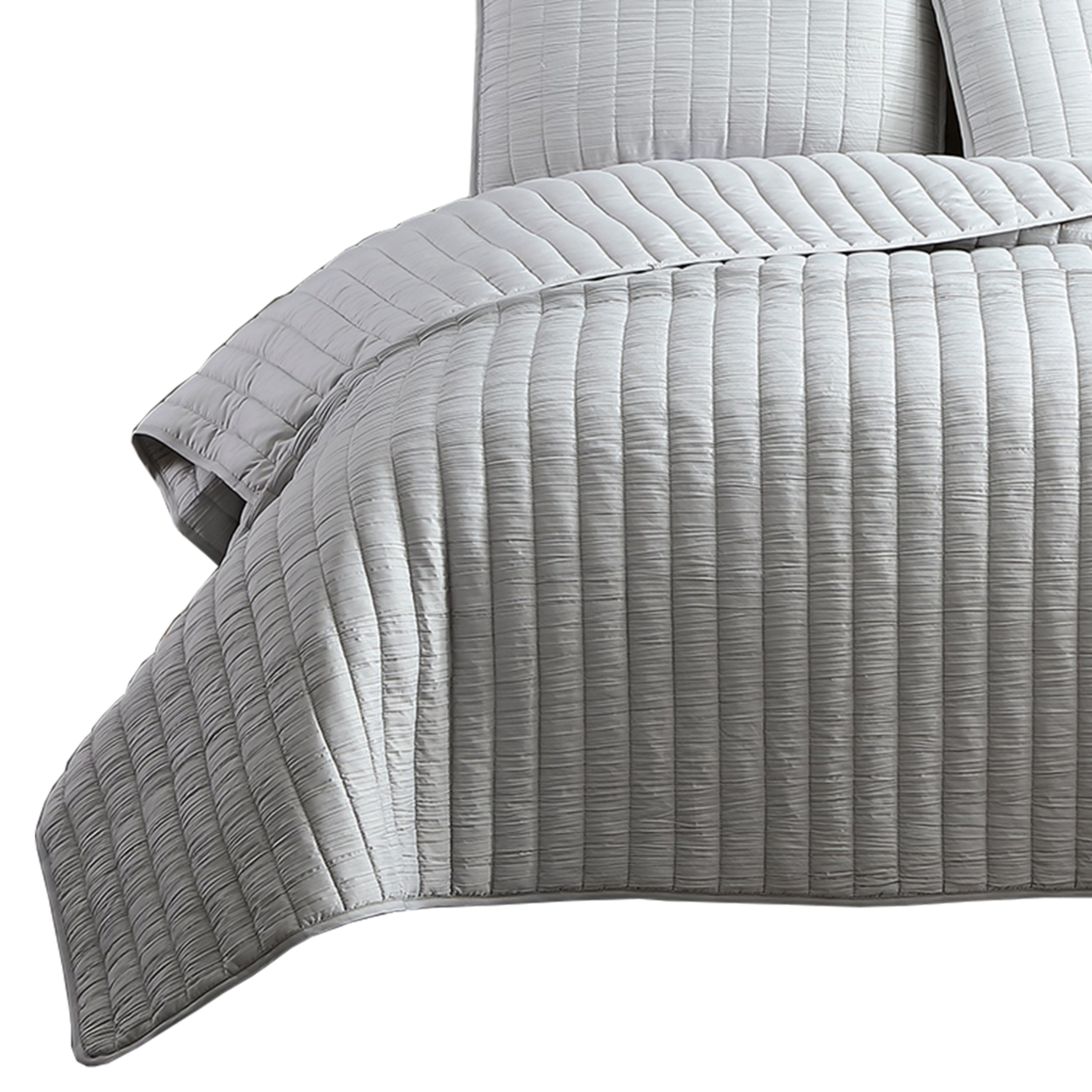 3 Piece Crinkle King Size Coverlet Set With Vertical Stitching, Light Gray- Saltoro Sherpi