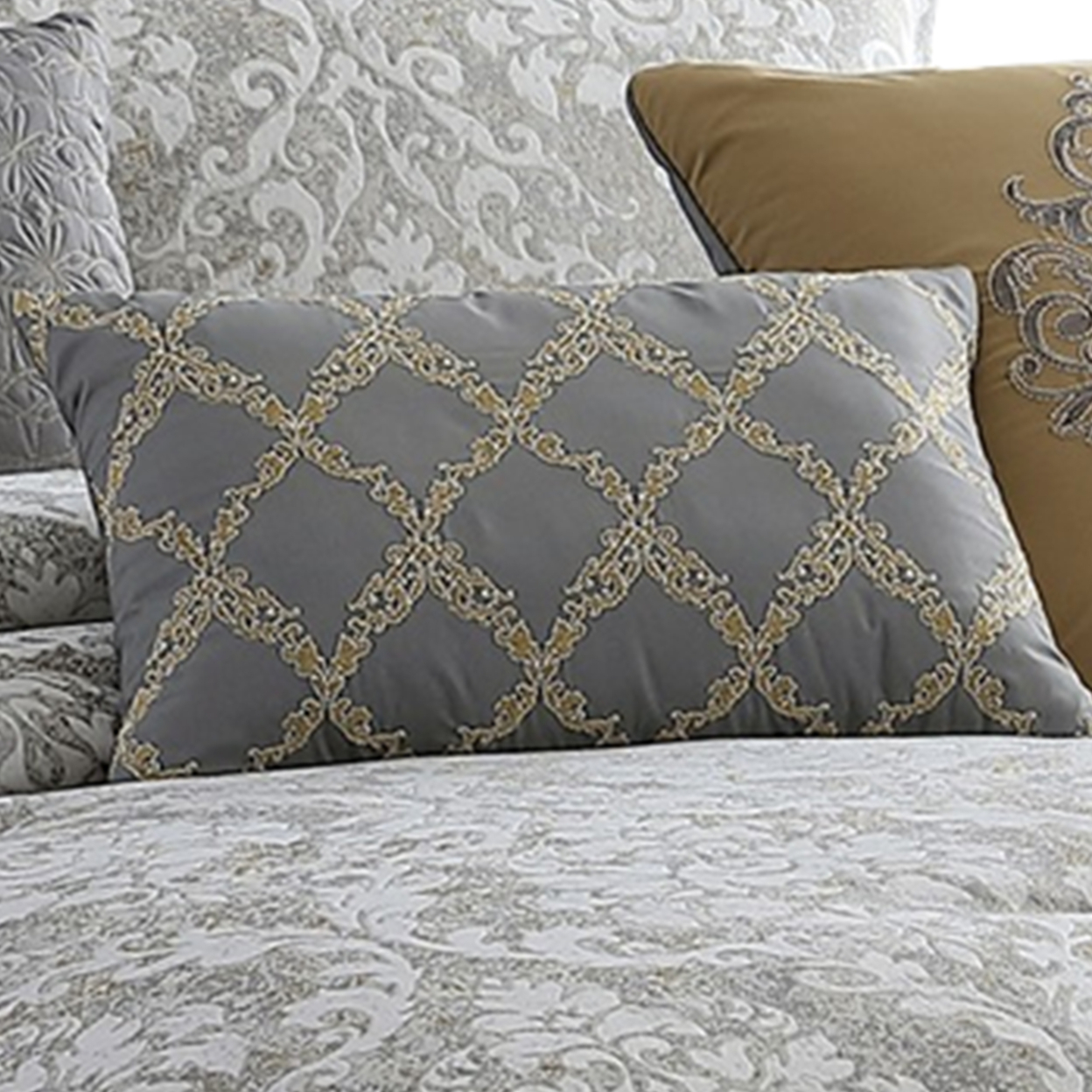 8 Piece Queen Polyester Comforter Set With Medallion Print, Gray And Gold- Saltoro Sherpi