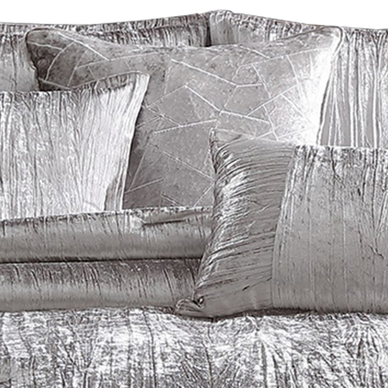 Queen Size 7 Piece Fabric Comforter Set With Crinkle Texture, Silver- Saltoro Sherpi