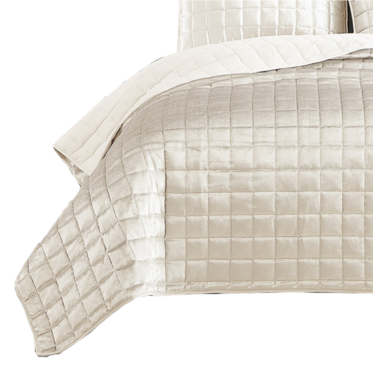 3 Piece Queen Size Coverlet Set With Stitched Square Pattern, Cream- Saltoro Sherpi