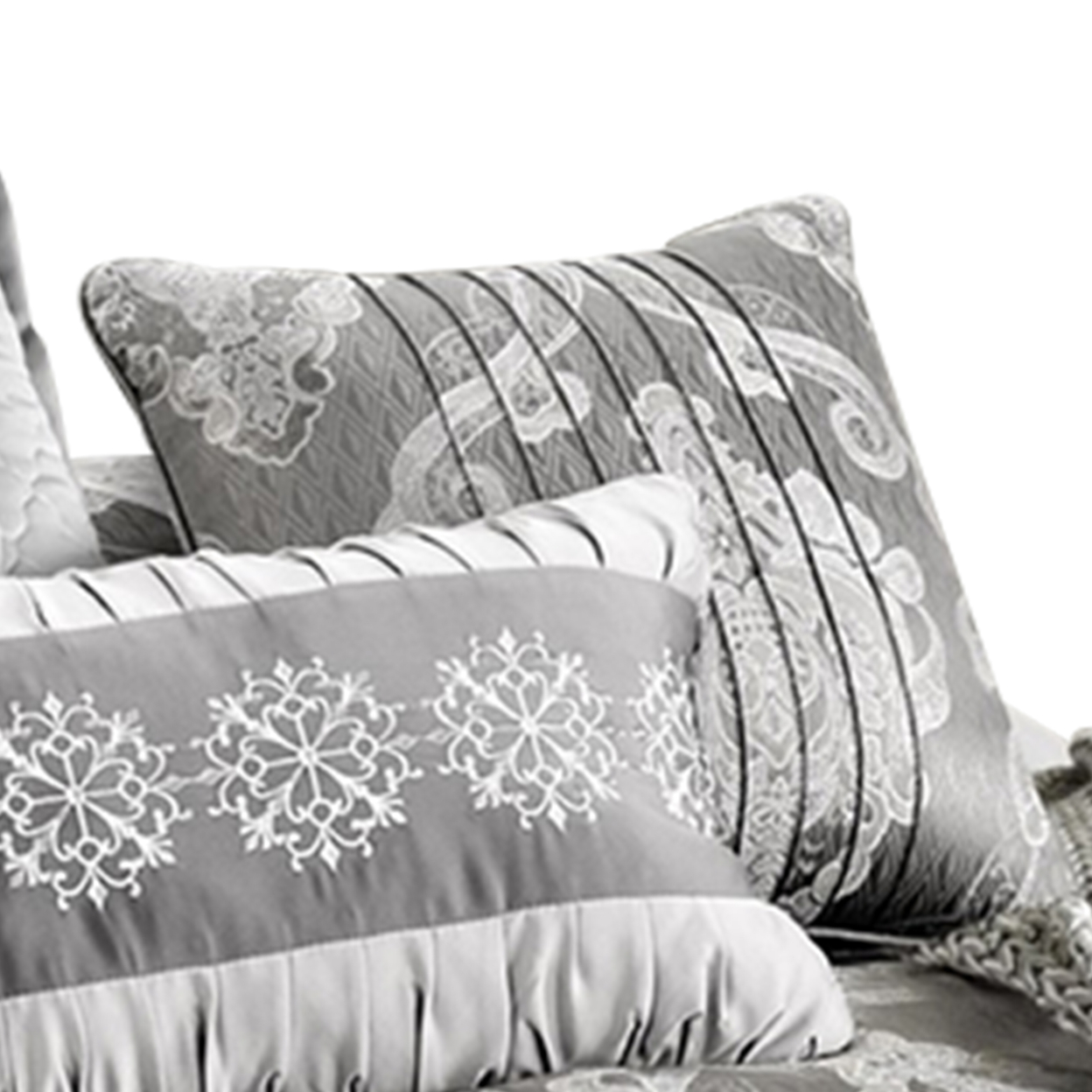 12 Piece Queen Polyester Comforter Set With Medallion Print, Platinum Gray- Saltoro Sherpi