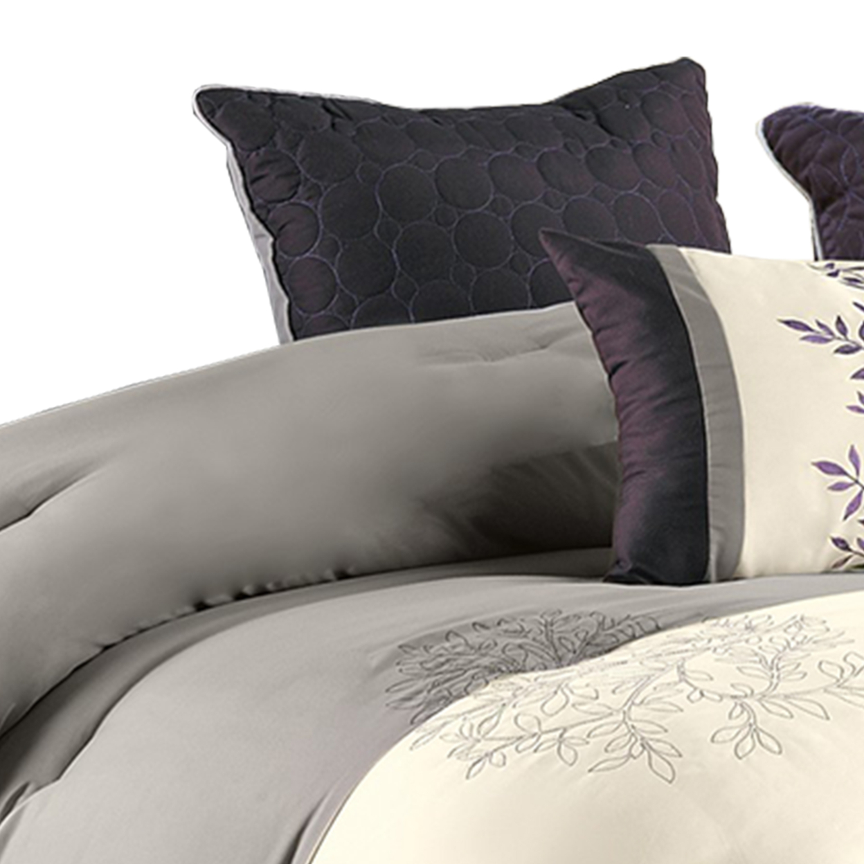 7 Piece King Polyester Comforter Set With Leaf Embroidery, Gray And Purple- Saltoro Sherpi