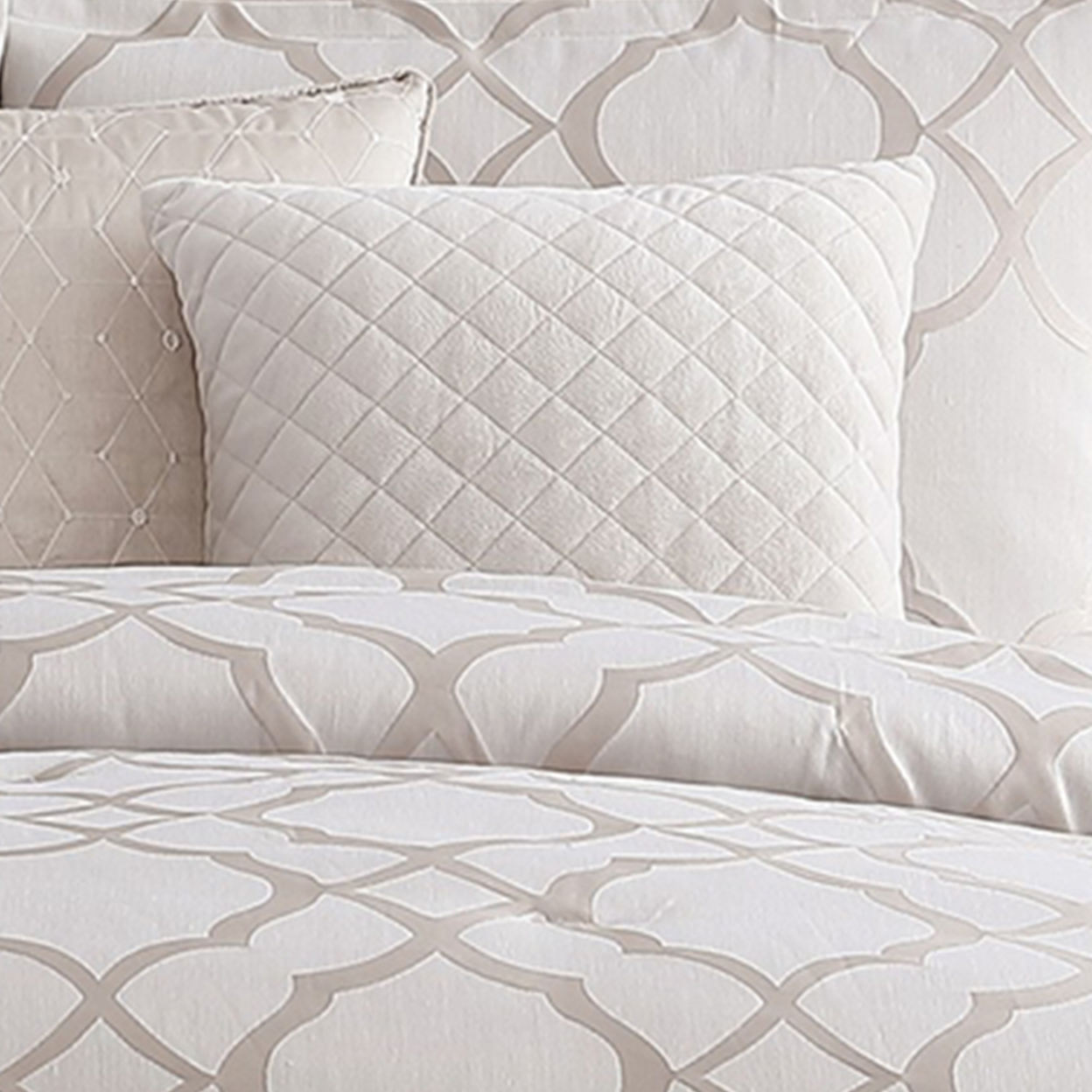 9 Piece Queen Size Fabric Comforter Set With Quatrefoil Prints, White- Saltoro Sherpi