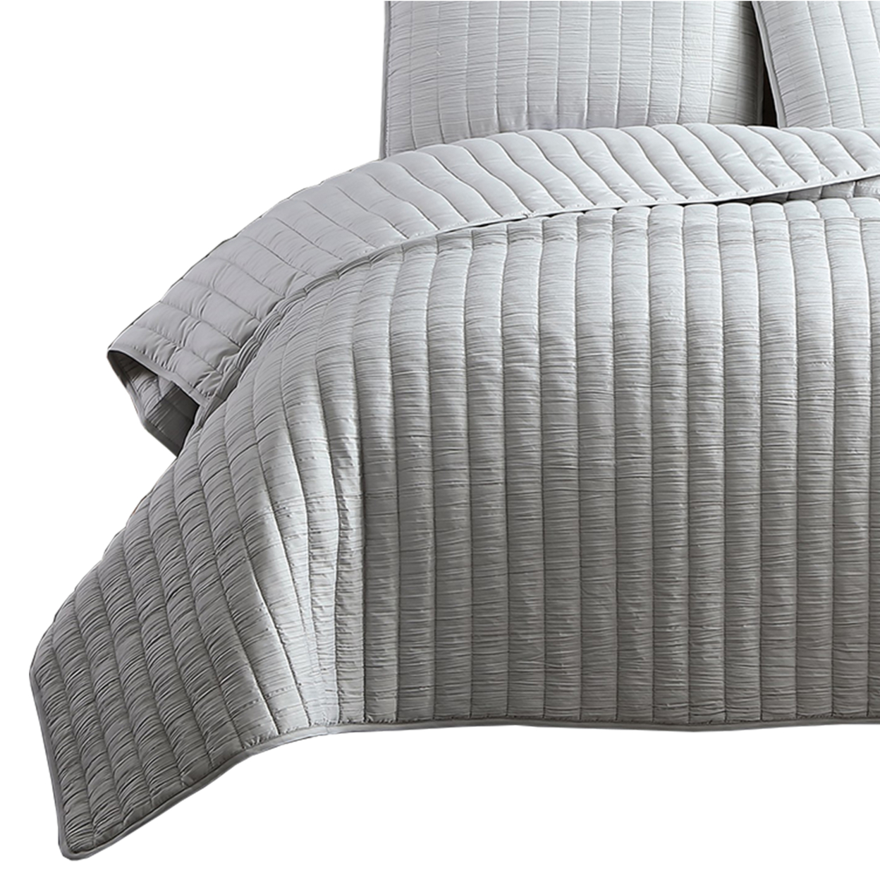 3 Piece Crinkle Queen Size Coverlet Set With Vertical Stitching,Light Gray- Saltoro Sherpi