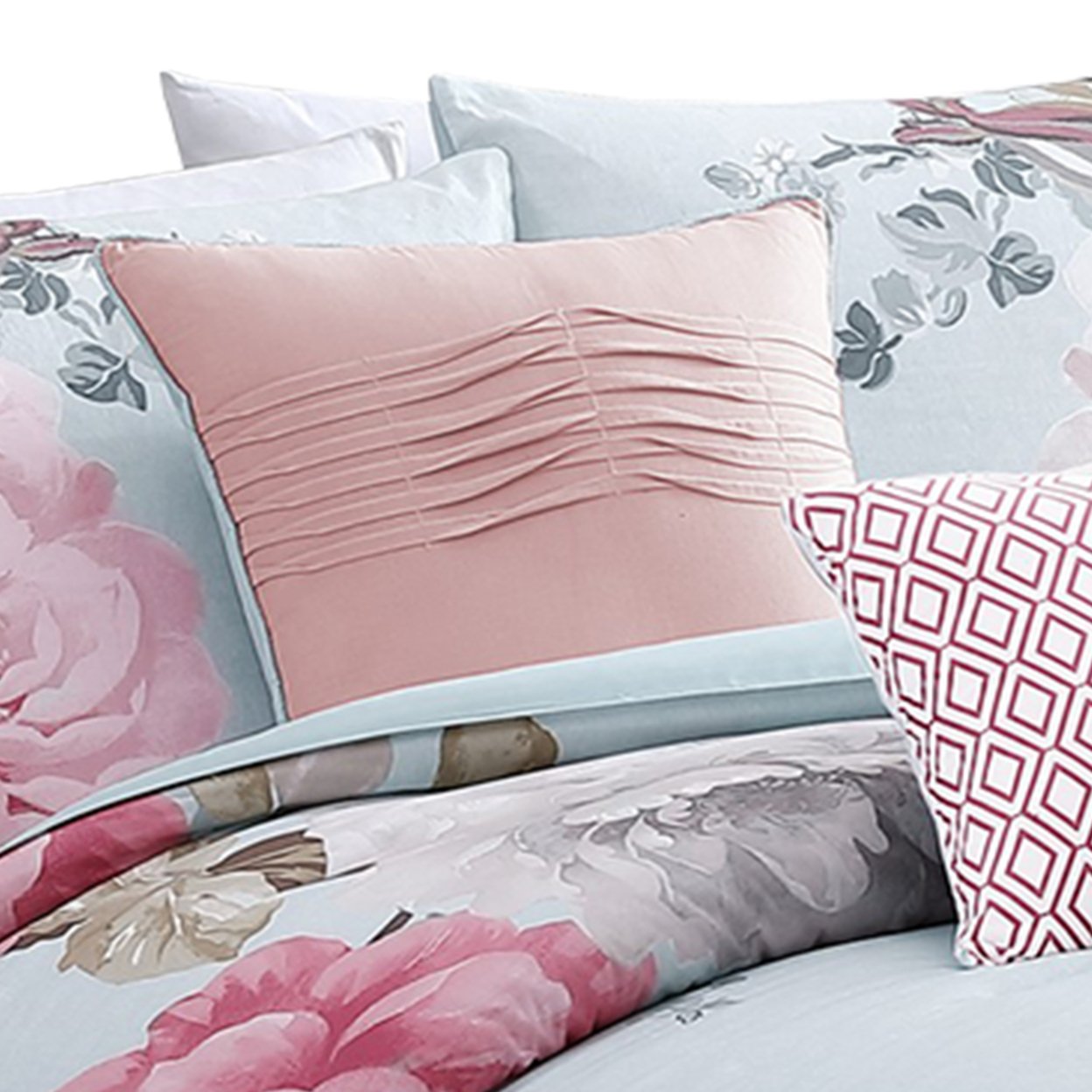 Queen Size 7 Piece Fabric Comforter Set With Floral Prints, Multicolor- Saltoro Sherpi