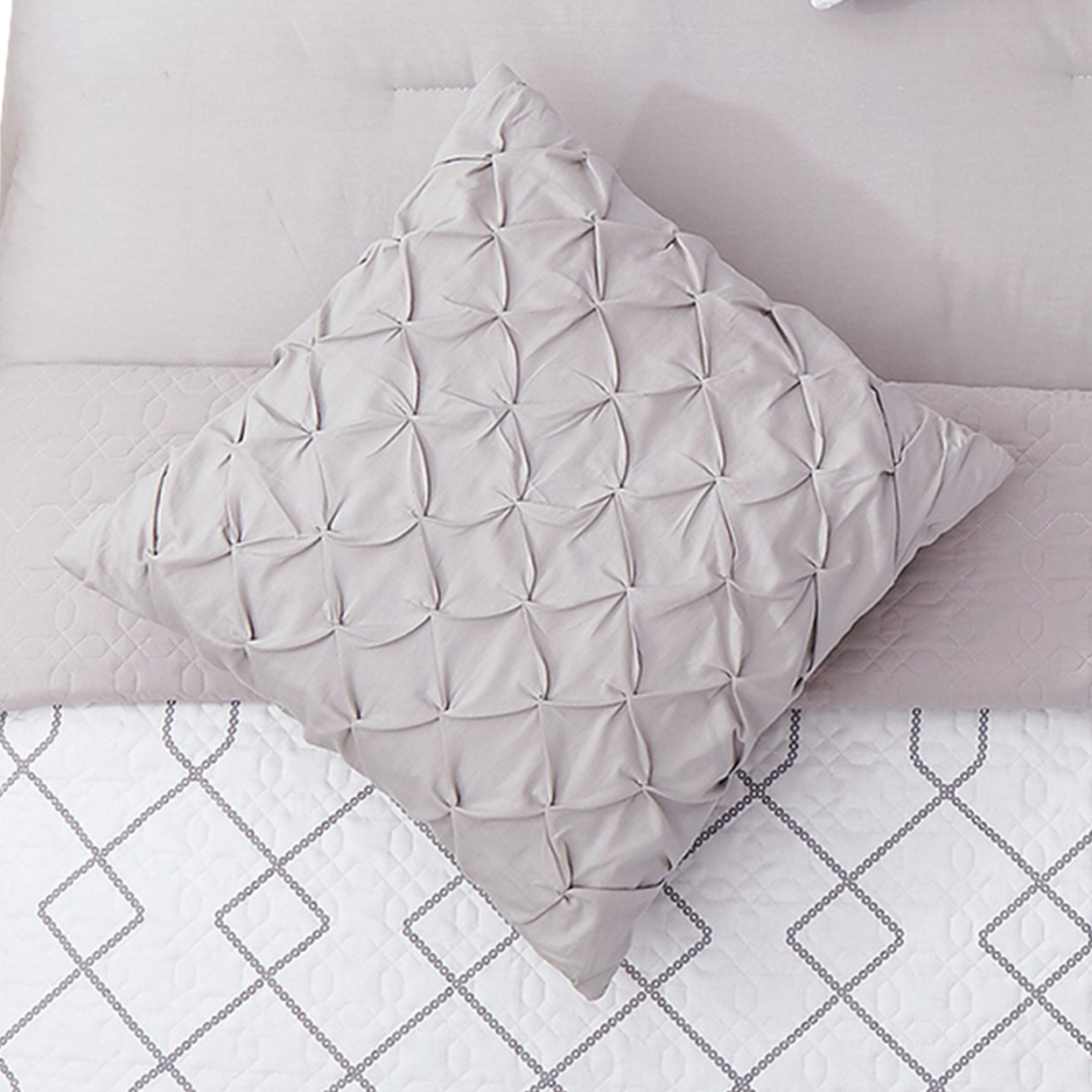 8 Piece King Size Fabric Comforter Set With Geometric Prints,White And Gray- Saltoro Sherpi