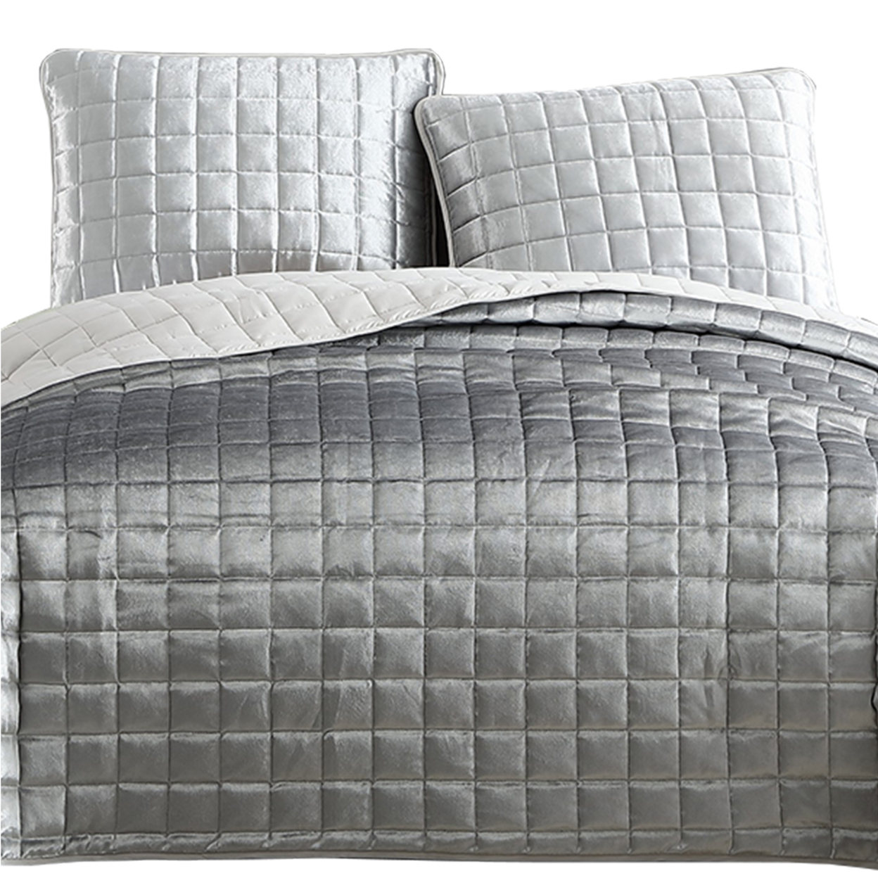 3 Piece King Size Coverlet Set With Stitched Square Pattern, Silver- Saltoro Sherpi