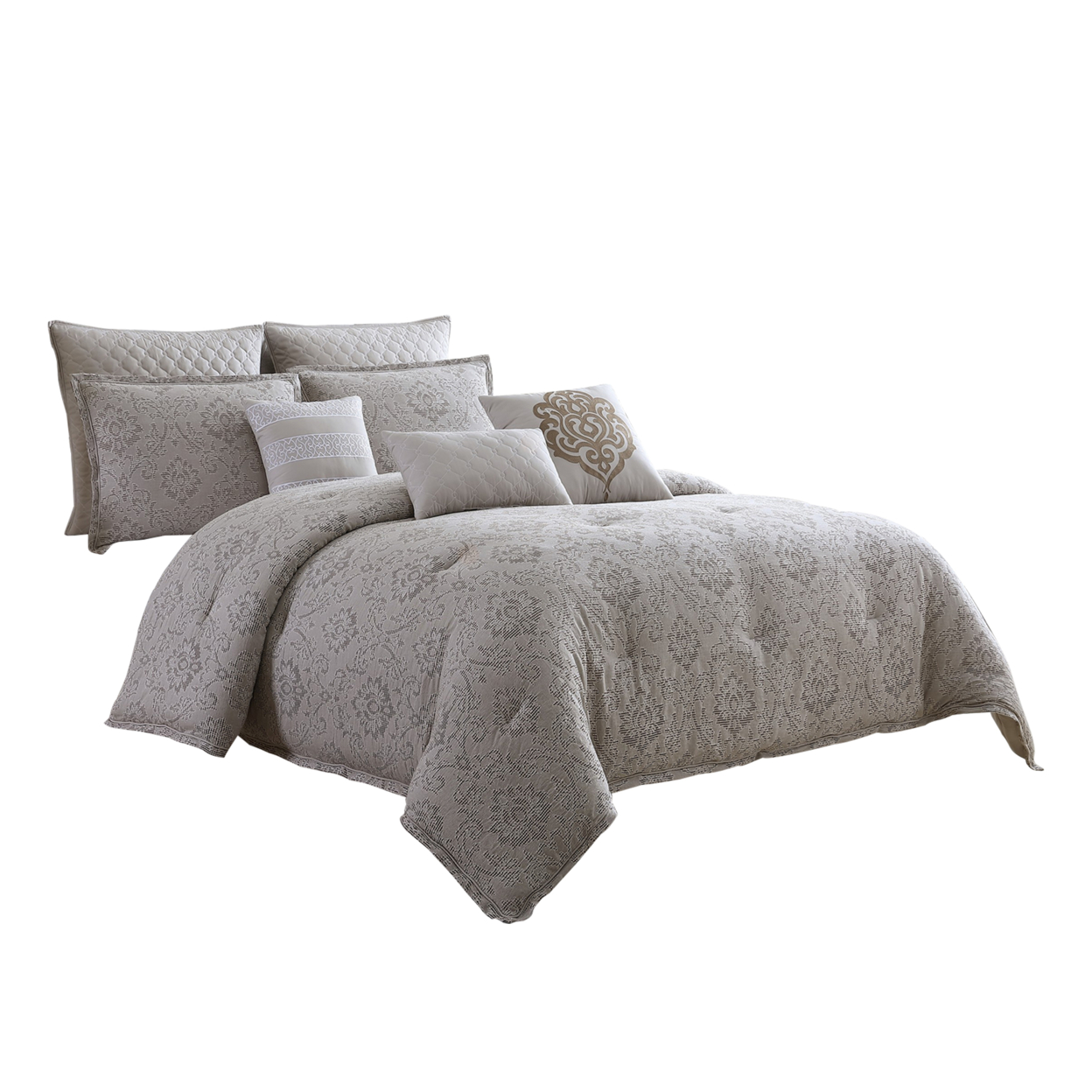 9 Piece Queen Cotton Comforter Set With Textured Floral Print, Gray- Saltoro Sherpi
