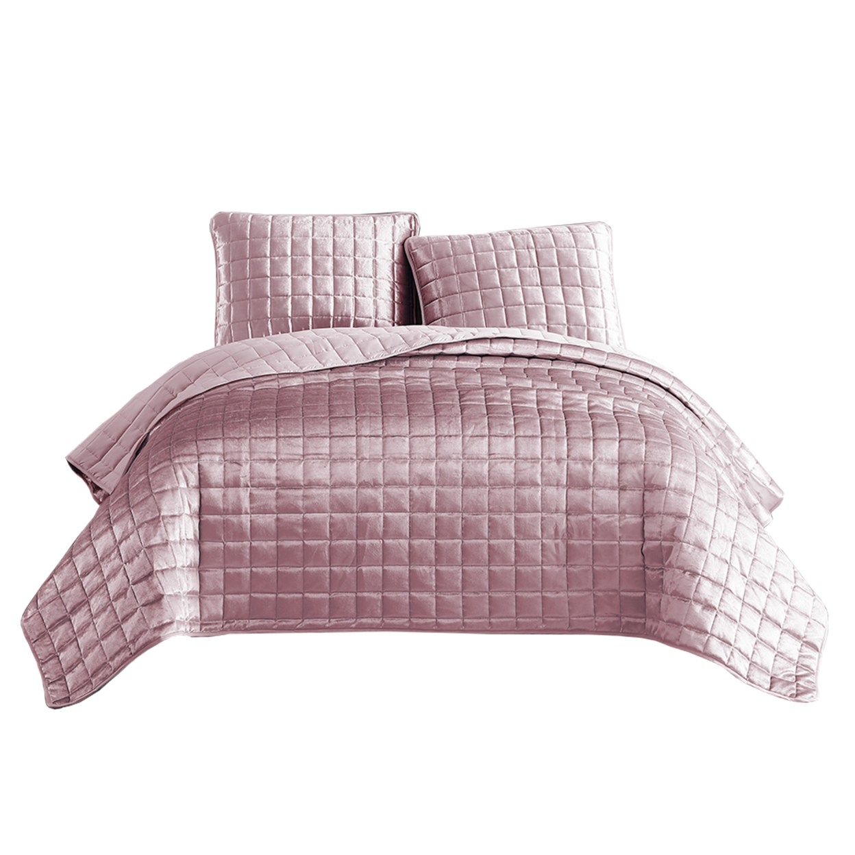 3 Piece Queen Size Coverlet Set With Stitched Square Pattern, Pink- Saltoro Sherpi