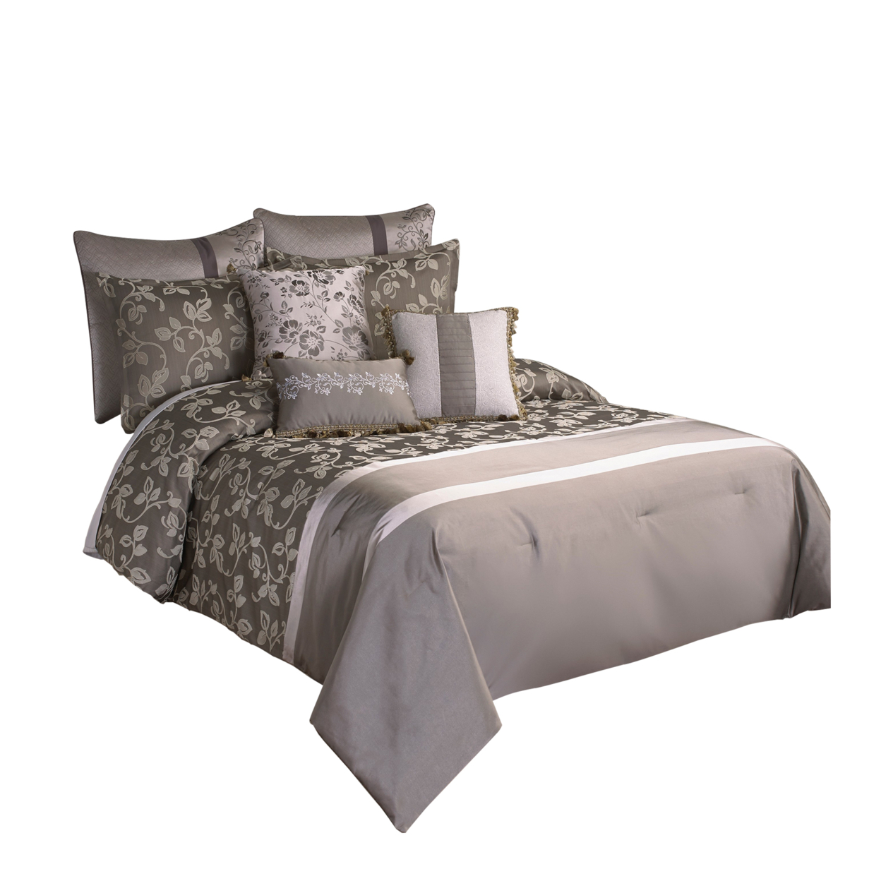 10 Piece King Polyester Comforter Set With Leaf Print, Platinum Gray- Saltoro Sherpi