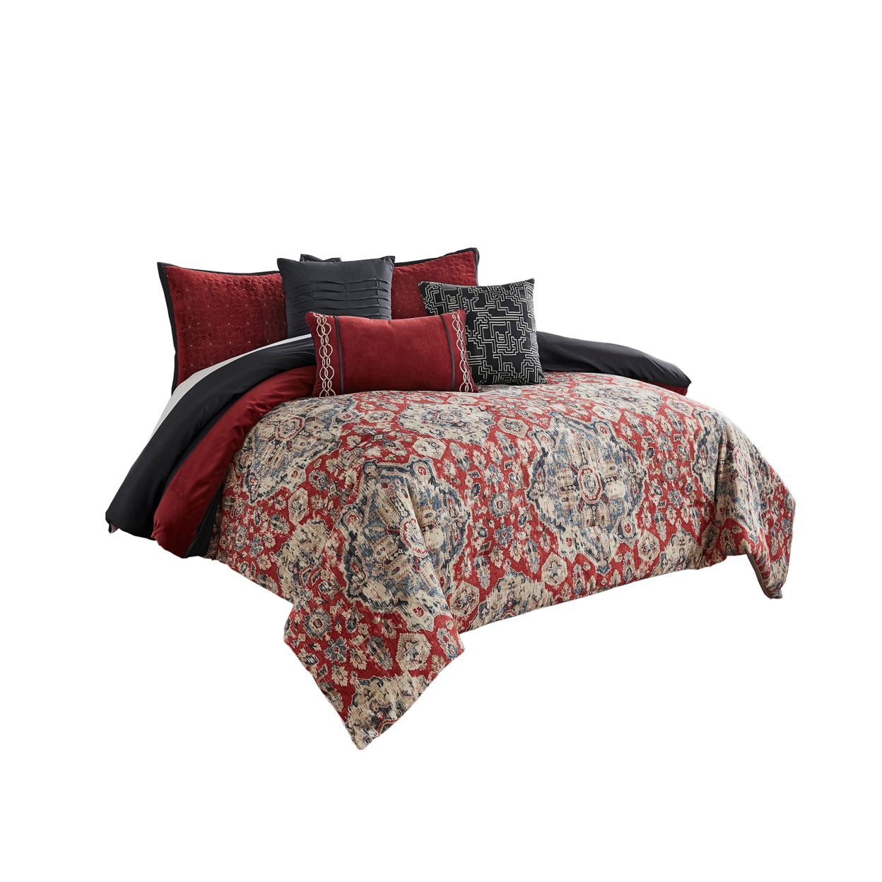 9 Piece Queen Size Comforter Set With Medallion Print, Red And Blue- Saltoro Sherpi