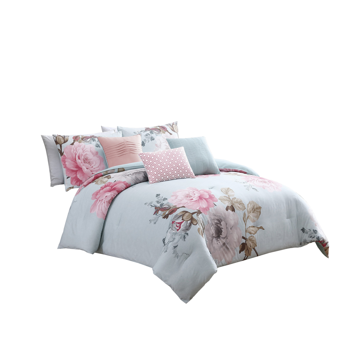 Queen Size 7 Piece Fabric Comforter Set With Floral Prints, Multicolor- Saltoro Sherpi