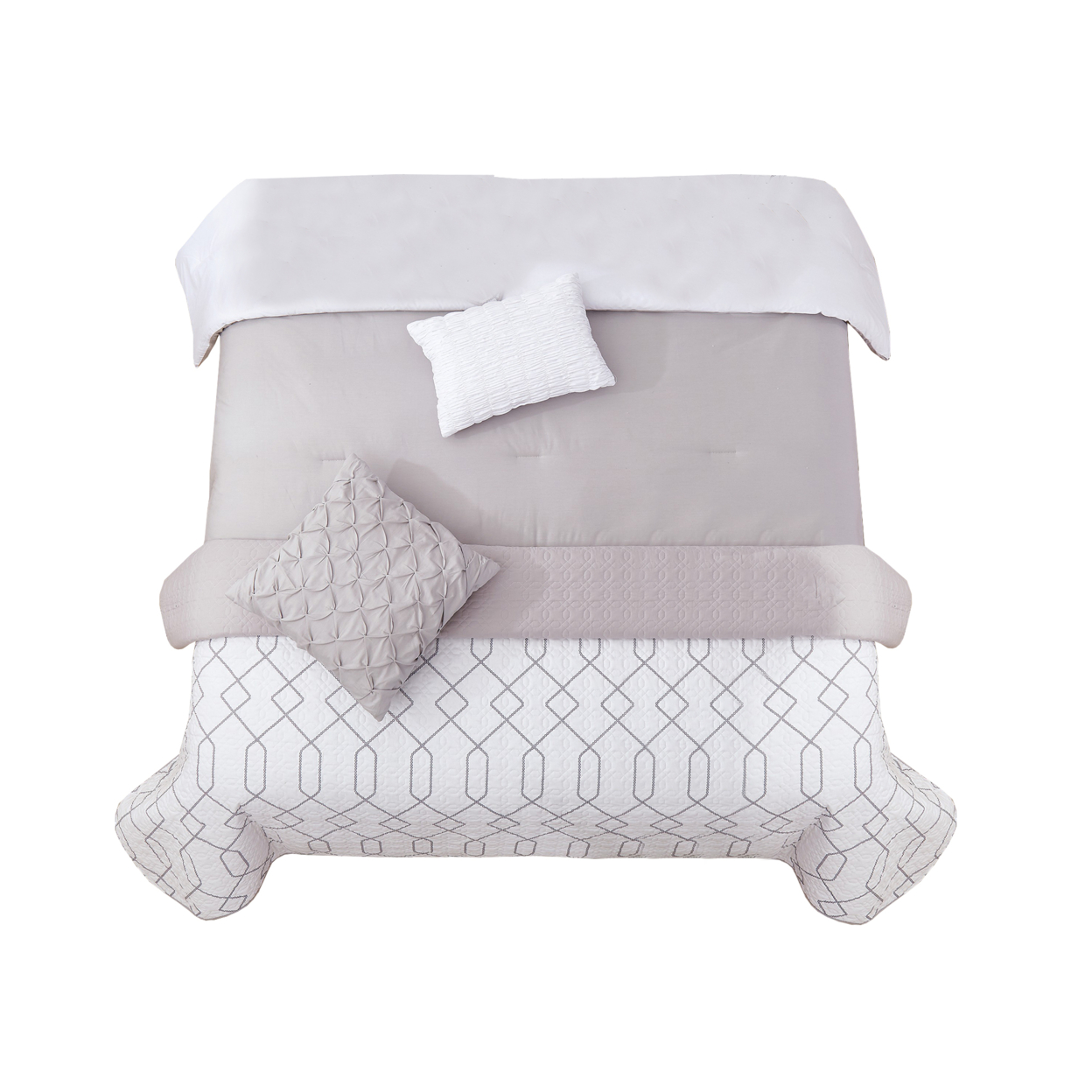 8 Piece King Size Fabric Comforter Set With Geometric Prints,White And Gray- Saltoro Sherpi