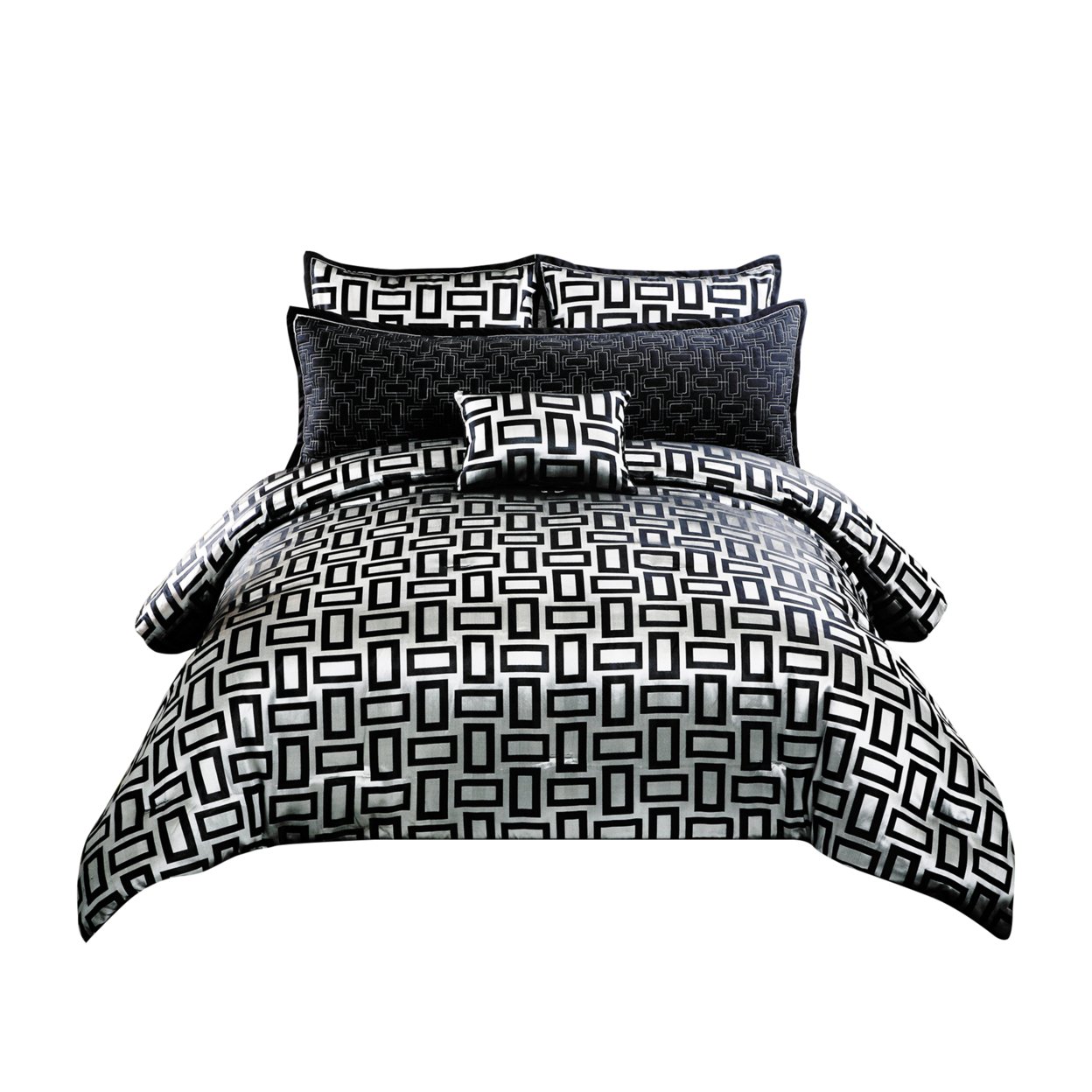 6 Piece Polyester Queen Comforter Set With Geometric Print, Gray And Black- Saltoro Sherpi