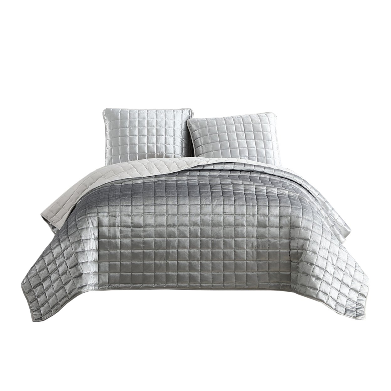 3 Piece King Size Coverlet Set With Stitched Square Pattern, Silver- Saltoro Sherpi