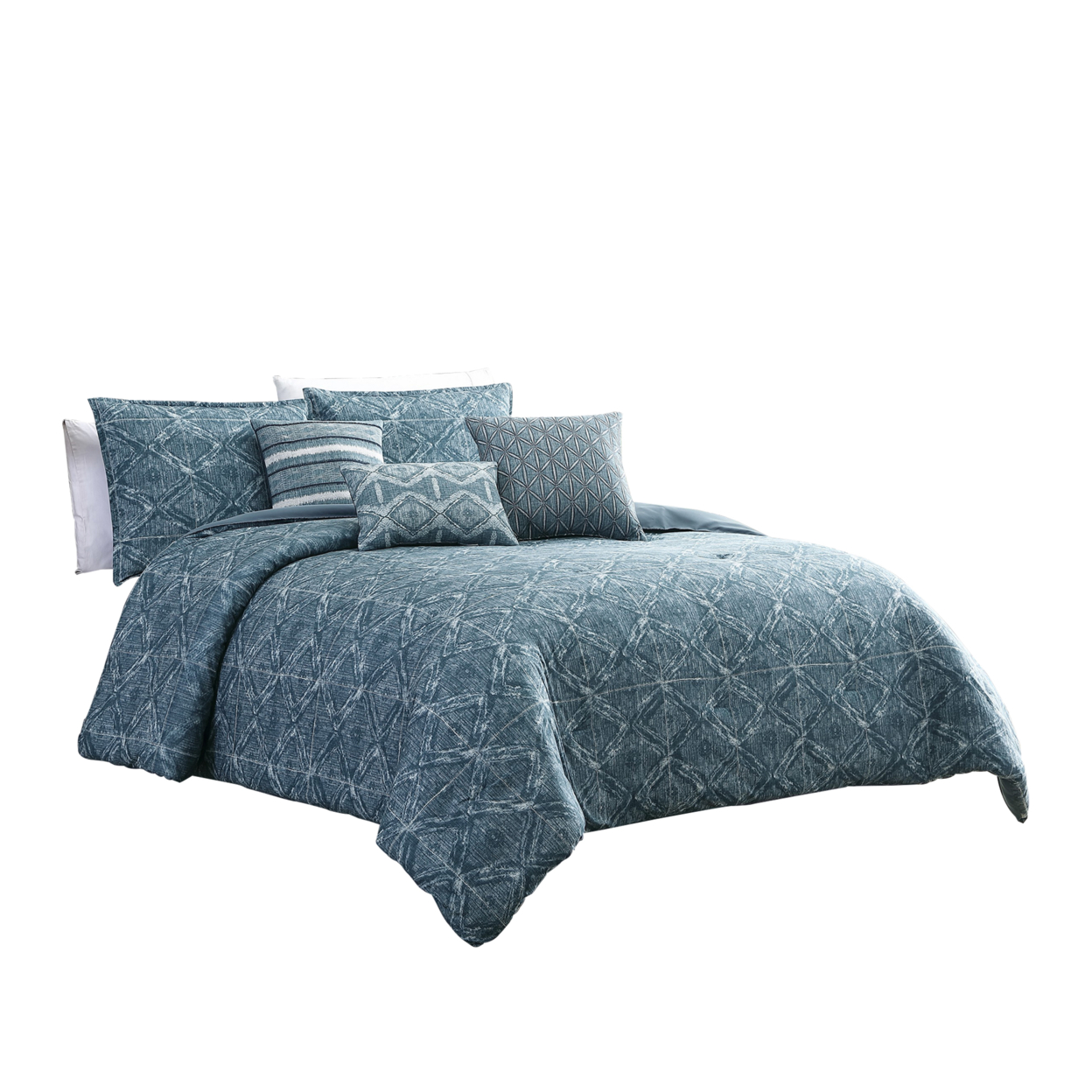 7 Piece Queen Size Cotton Comforter Set With Geometric Print, Blue- Saltoro Sherpi